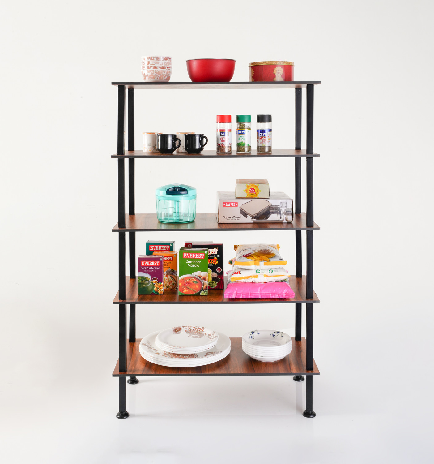 Image of RIDHAAN Utensil Kitchen Rack Wood, Carbon Steel Ridhaan Mart 5 Shelves Multipurpose Wood And Metal Kitchen Rack