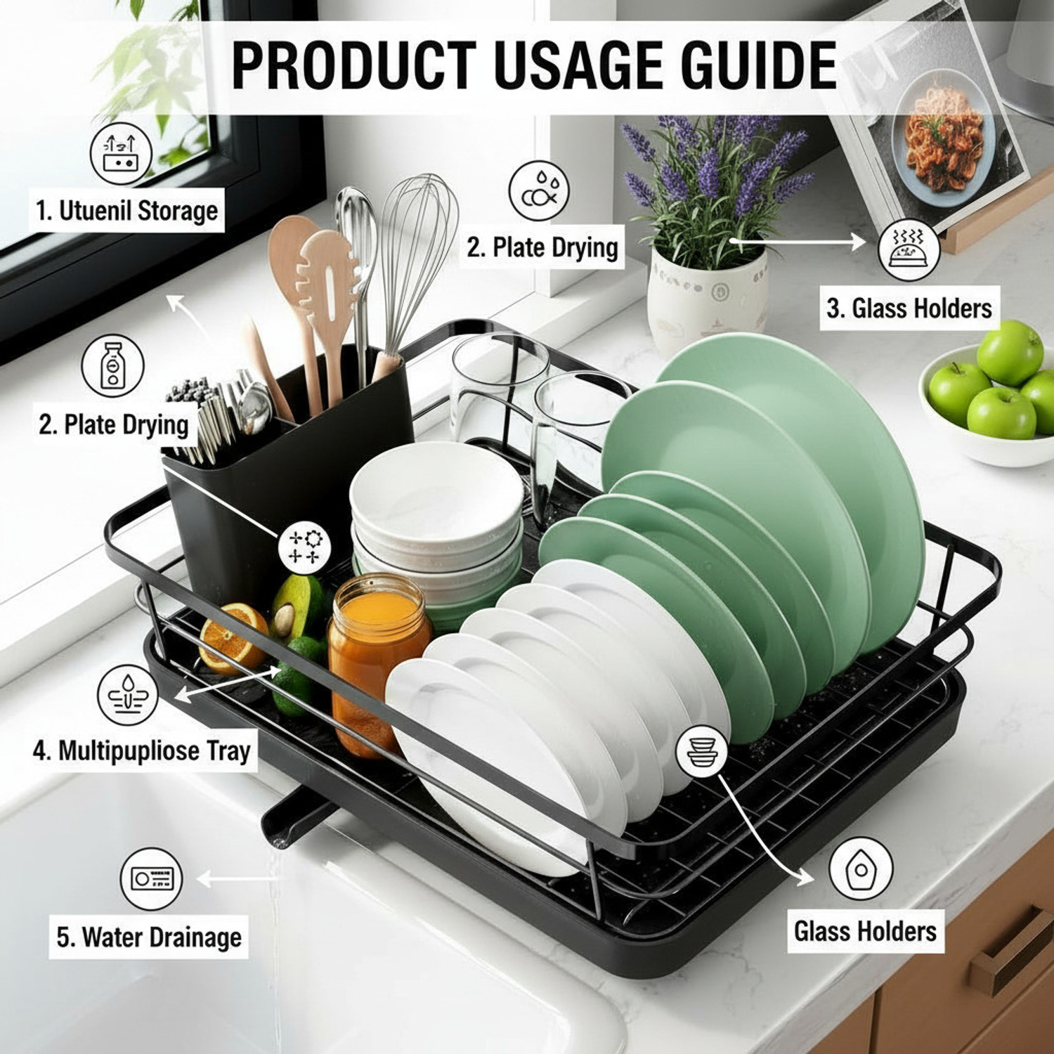 Image of V DECOR Dish Drainer Kitchen Rack Premium Over Sink Dish Drying Rack with Drainboard Tray D66 Steel