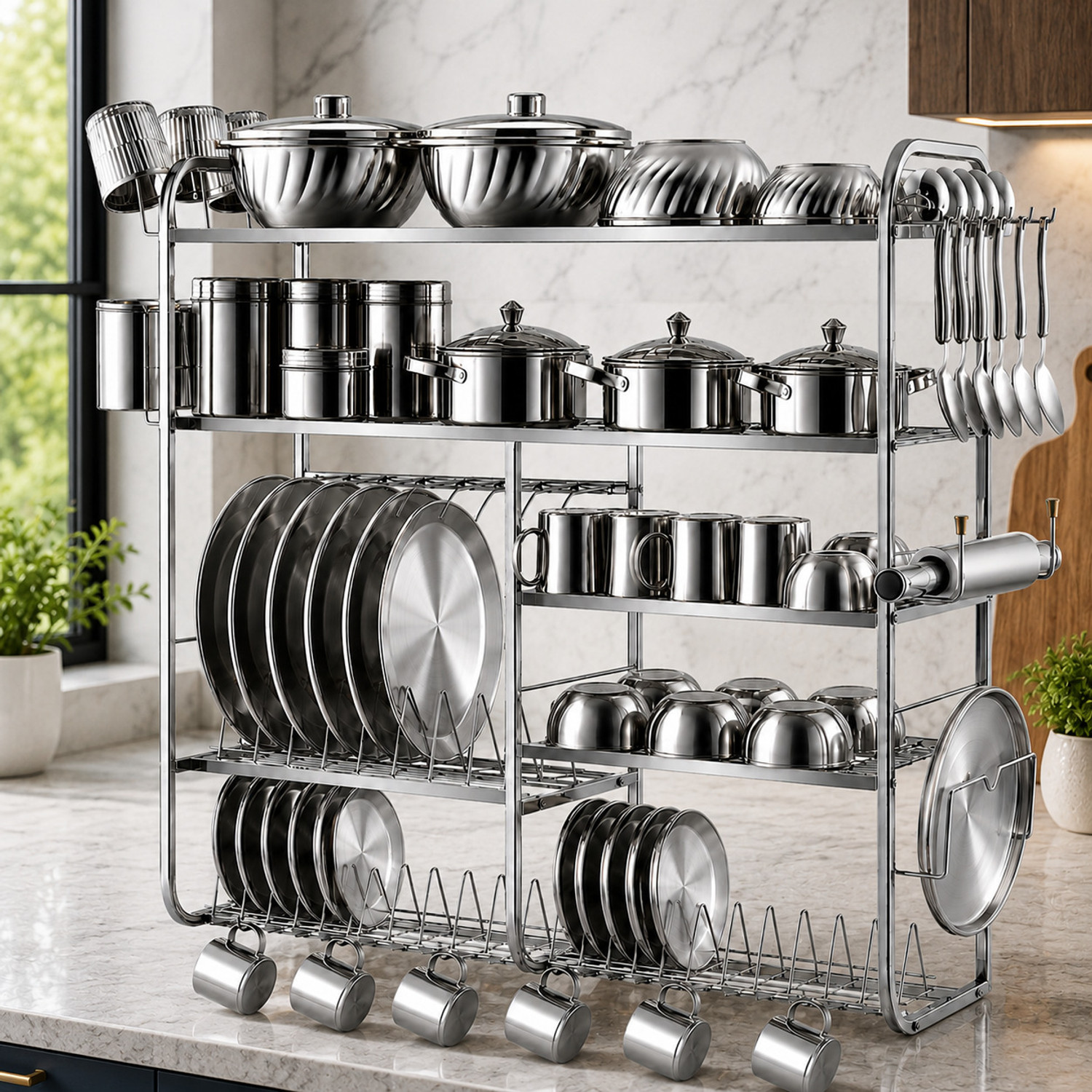 Image of DEMIQON Utensil Kitchen Rack Steel Good Quality Kitchen Rack | Dish Rack with Plate & Cutlery Stand 31 x 30 Inch
