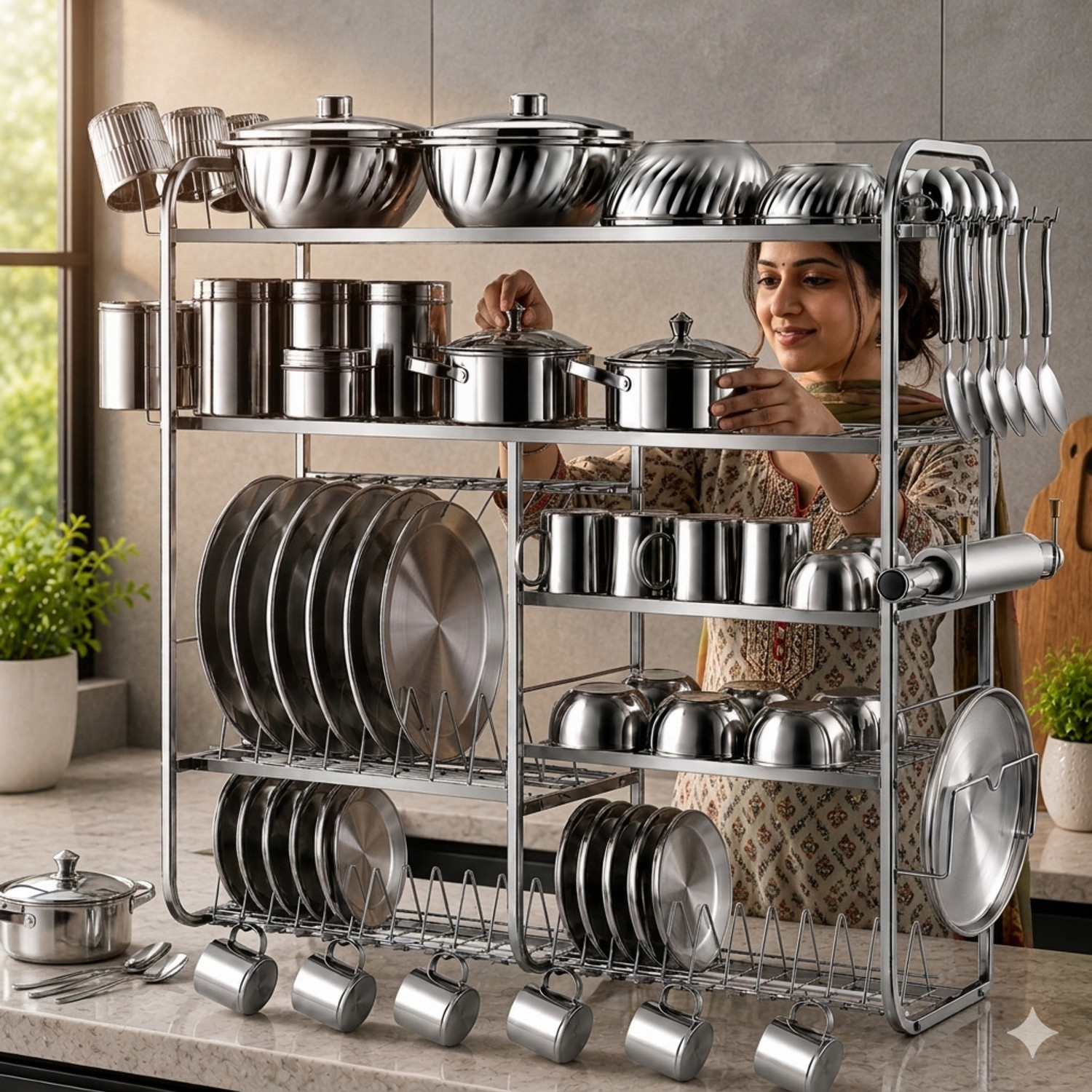 Image of DEMIQON Utensil Kitchen Rack Steel Good Quality Kitchen Rack | Dish Rack with Plate & Cutlery Stand 31 x 30 Inch
