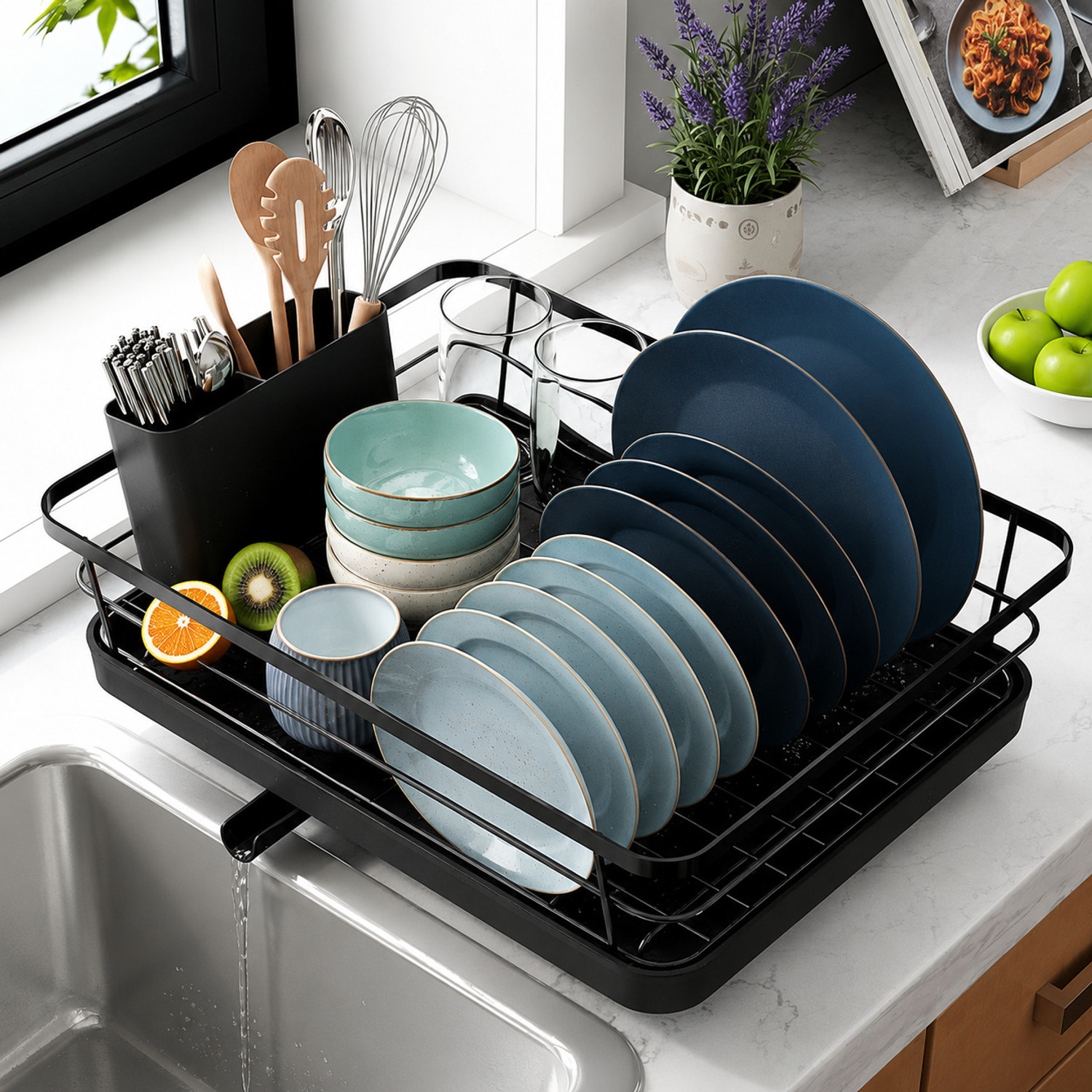 Image of Bimver Dish Drainer Kitchen Rack Kitchen Drying Racks with Drainer Tray Carbon Steel