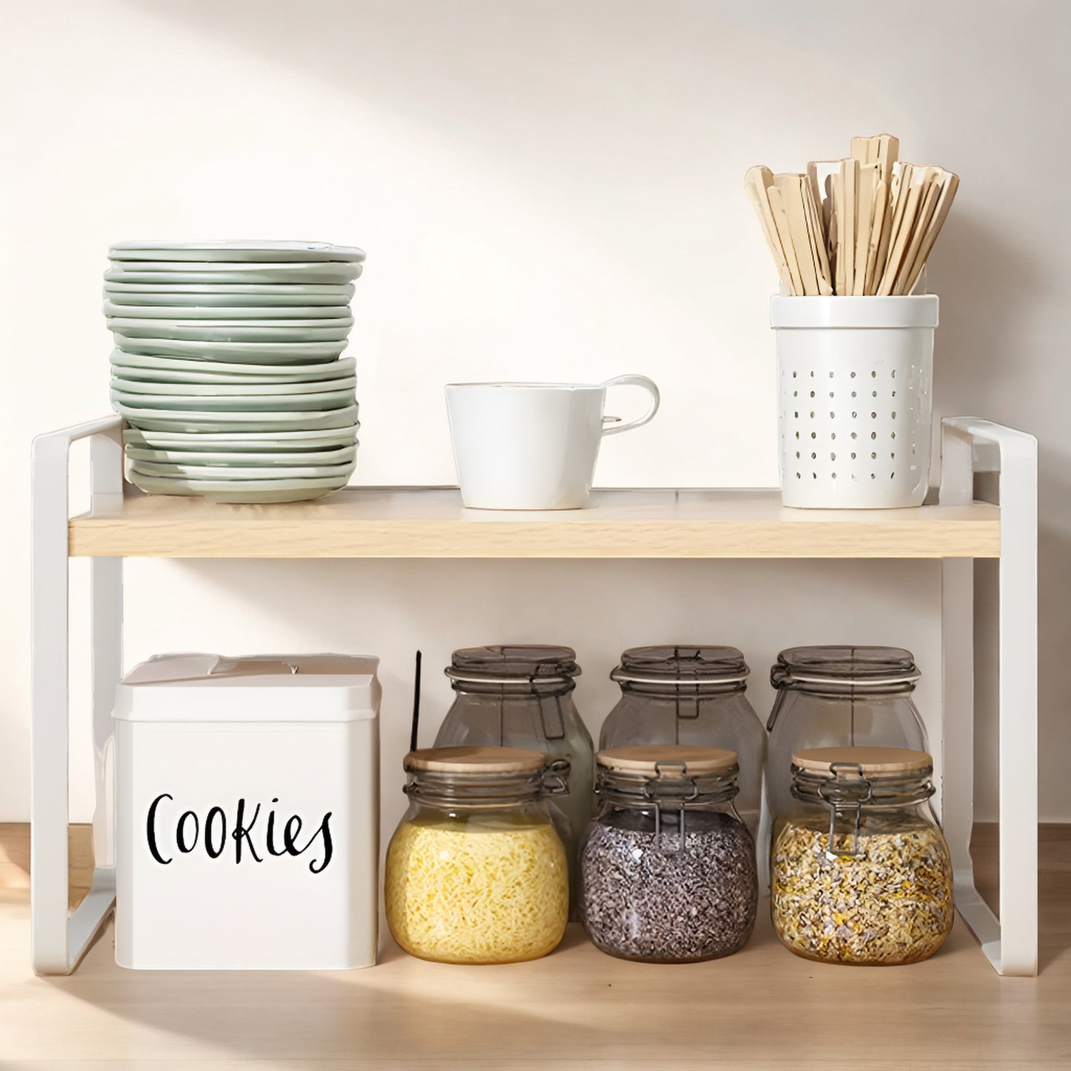 Image of decorlay Containers Kitchen Rack Iron, Wood Bathroom Kitchen Countertops Spice Rack Pantry Cupboards Dressing Office