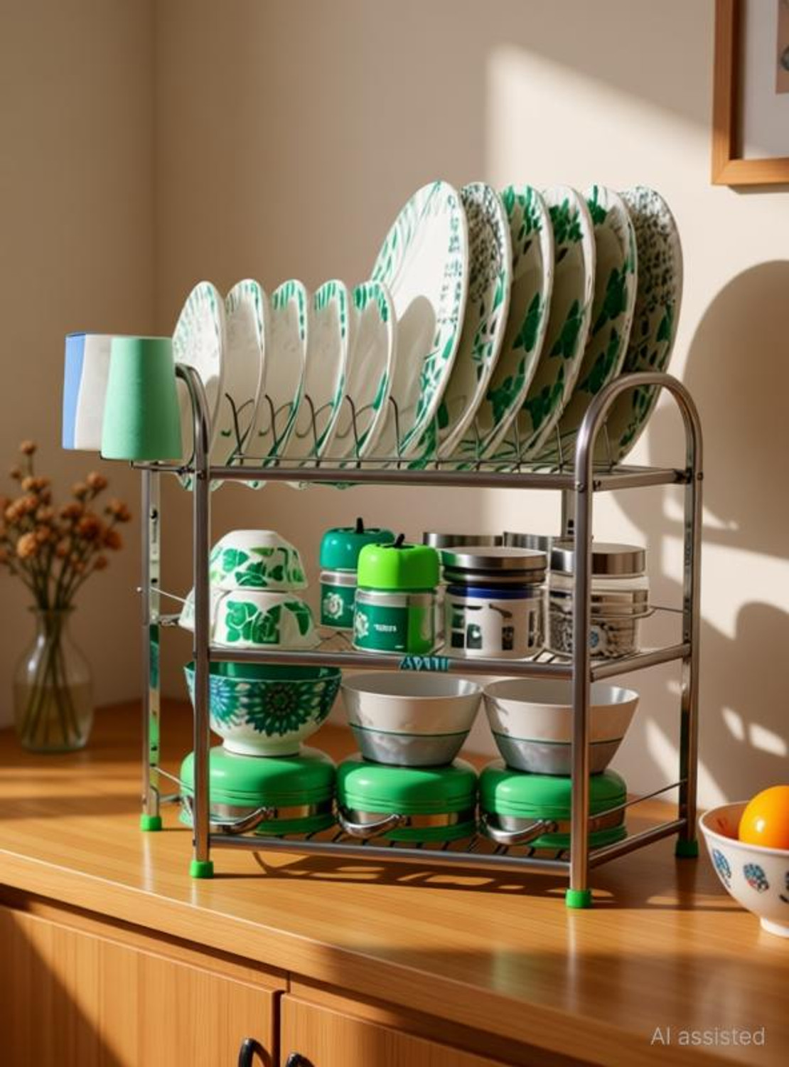 Image of DEMIQON Utensil Kitchen Rack Steel SpaceSaver Dish Drying Rack /Premium 3-Tier Drainer Stand