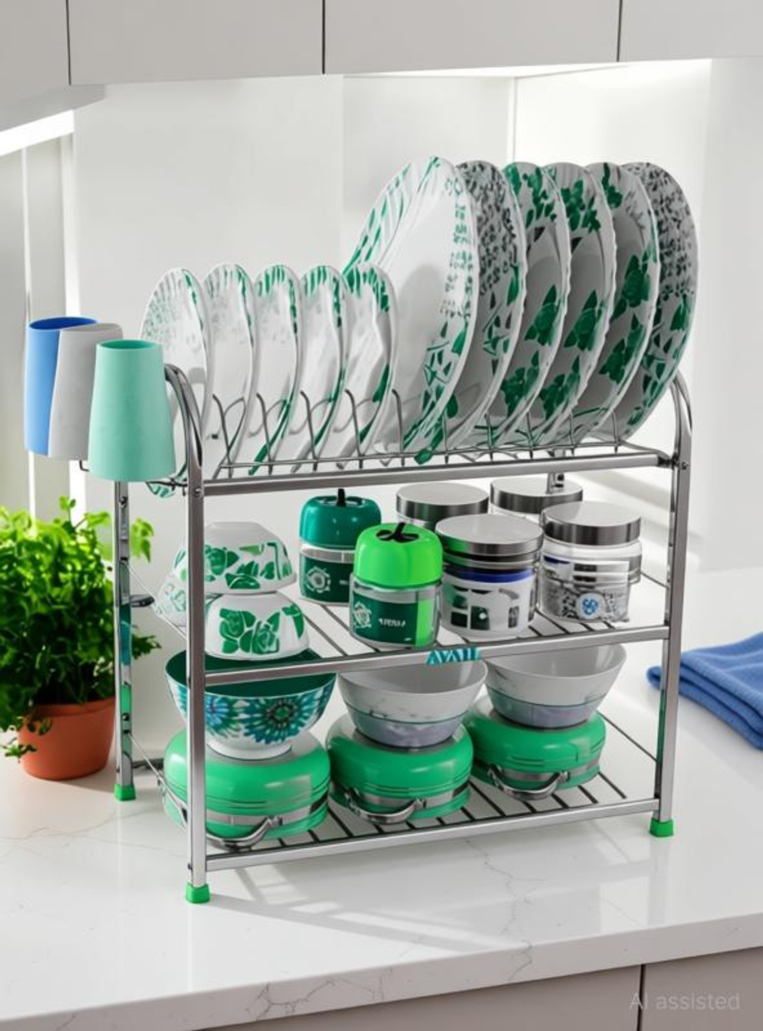 Image of DEMIQON Utensil Kitchen Rack Steel SpaceSaver Dish Drying Rack /Premium 3-Tier Drainer Stand