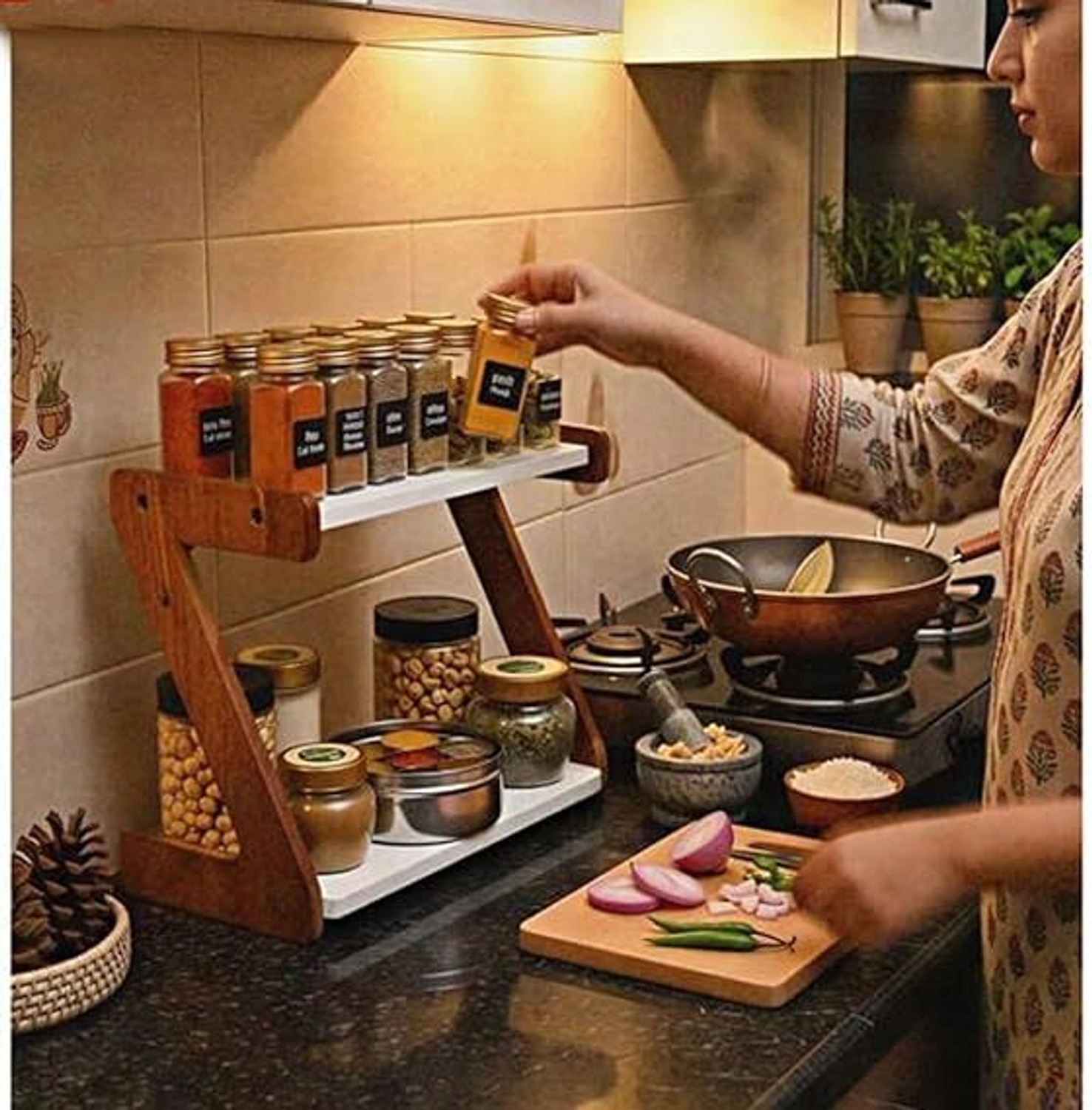 Image of RoyalMDFdecore Cutlery Kitchen Rack Woodify 2-Tier Wooden Spice Rack Organizer Wood