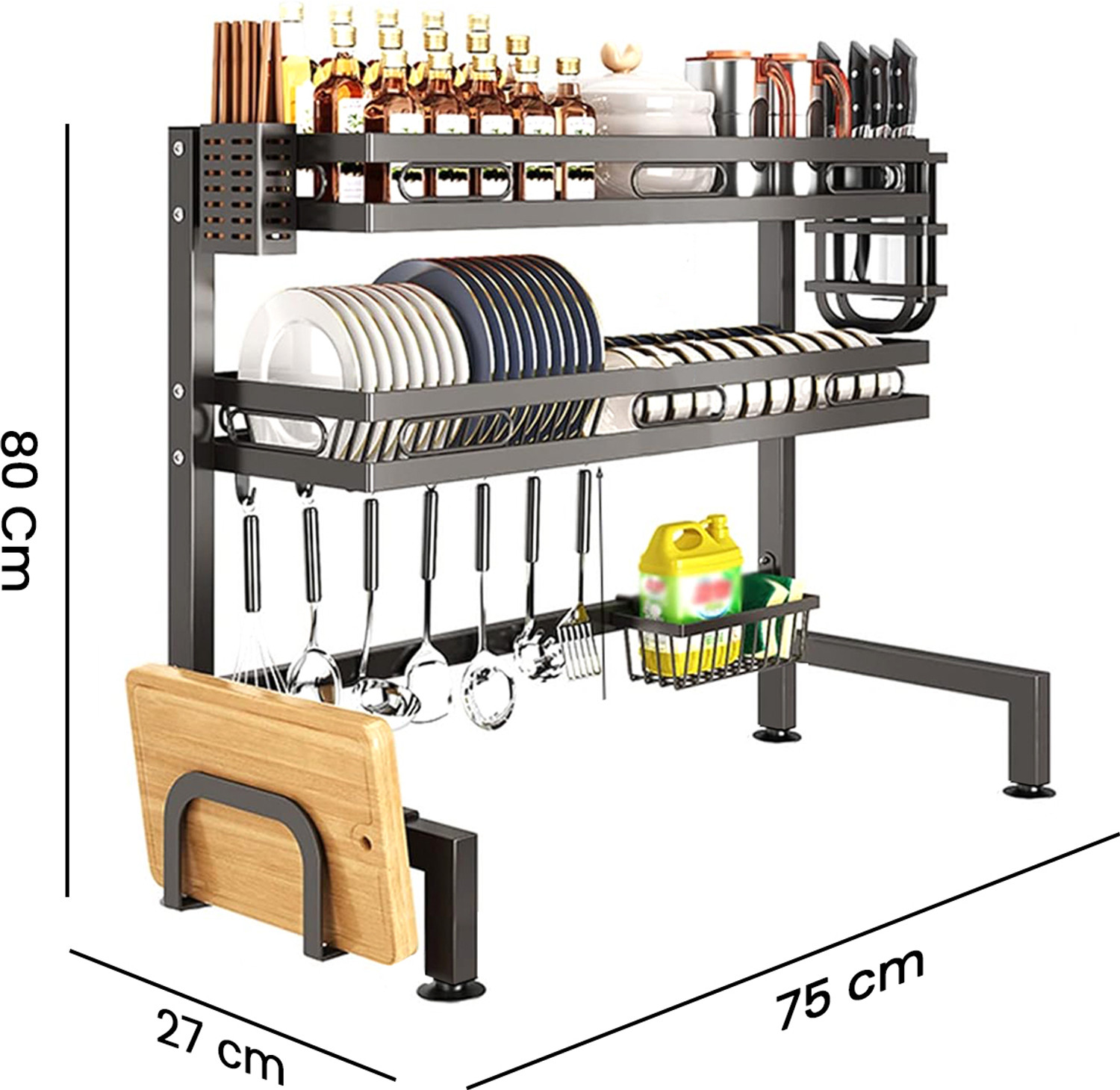 Image of iBELL Dish Drainer Kitchen Rack Carbon Steel IBLDR275 Over Sink Dish Rack,Carbon Steel /Drainer Shelf /Utensils Storage,2 Layer