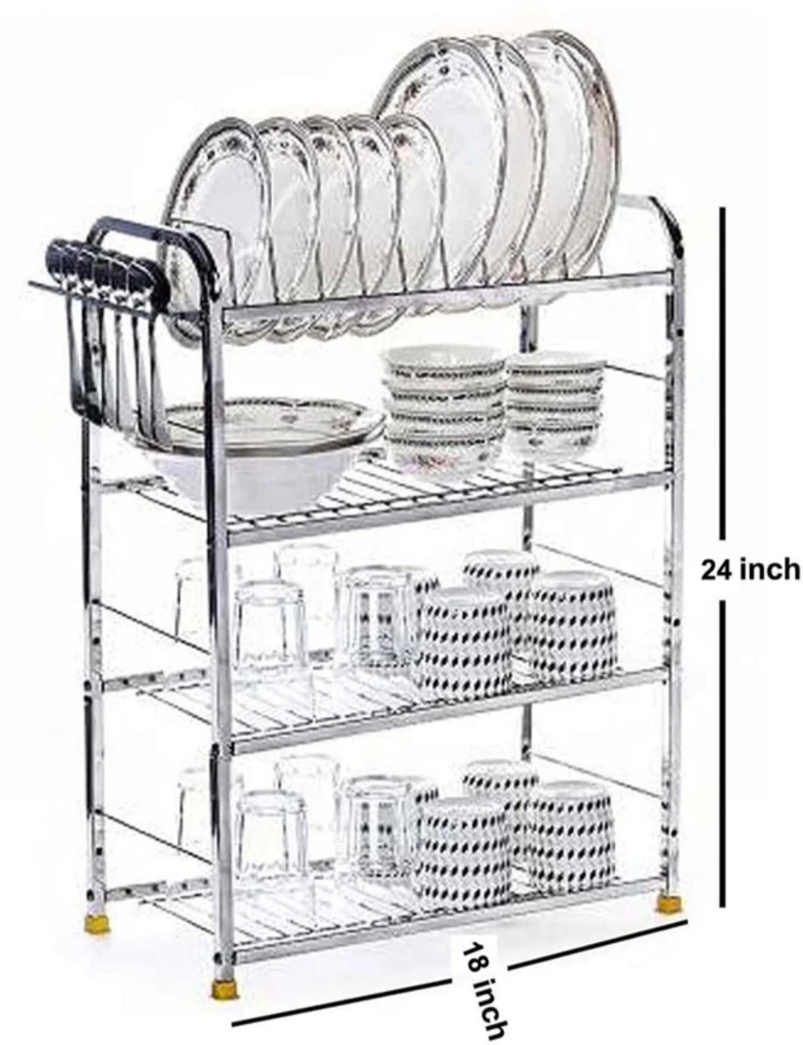 Image of Nextar Containers Kitchen Rack Steel 4 Shelf Wall Mount Rack with Plate & Cutlery Stand (24*18 Inch )
