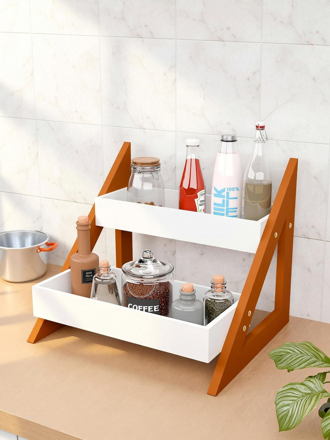 Image of talha enterprises Containers Kitchen Rack Wood MODERN 2 TIER KITCHEN RACK