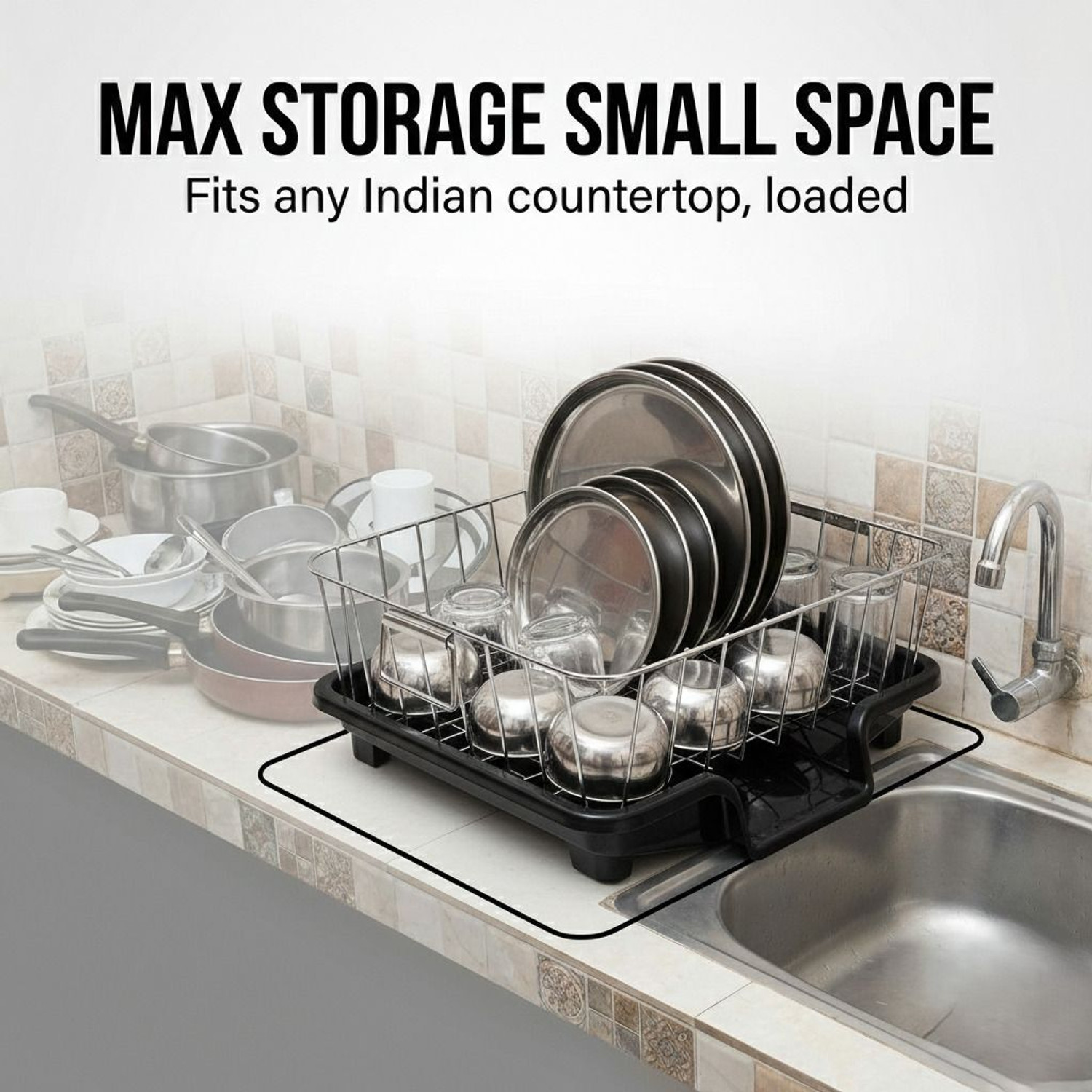Image of Smartslide Dish Drainer Kitchen Rack Steel Dish Drainer with tray and Cutlery Holder Kitchen Dish Drying Rack for Utensils