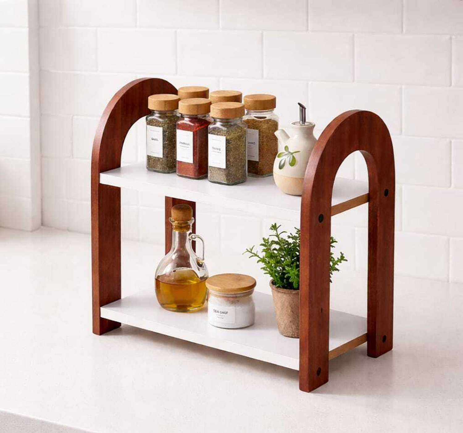 Image of Firebees Containers Kitchen Rack Wood 2 Tier Kitchen Spice Rack Organizer for Countertop