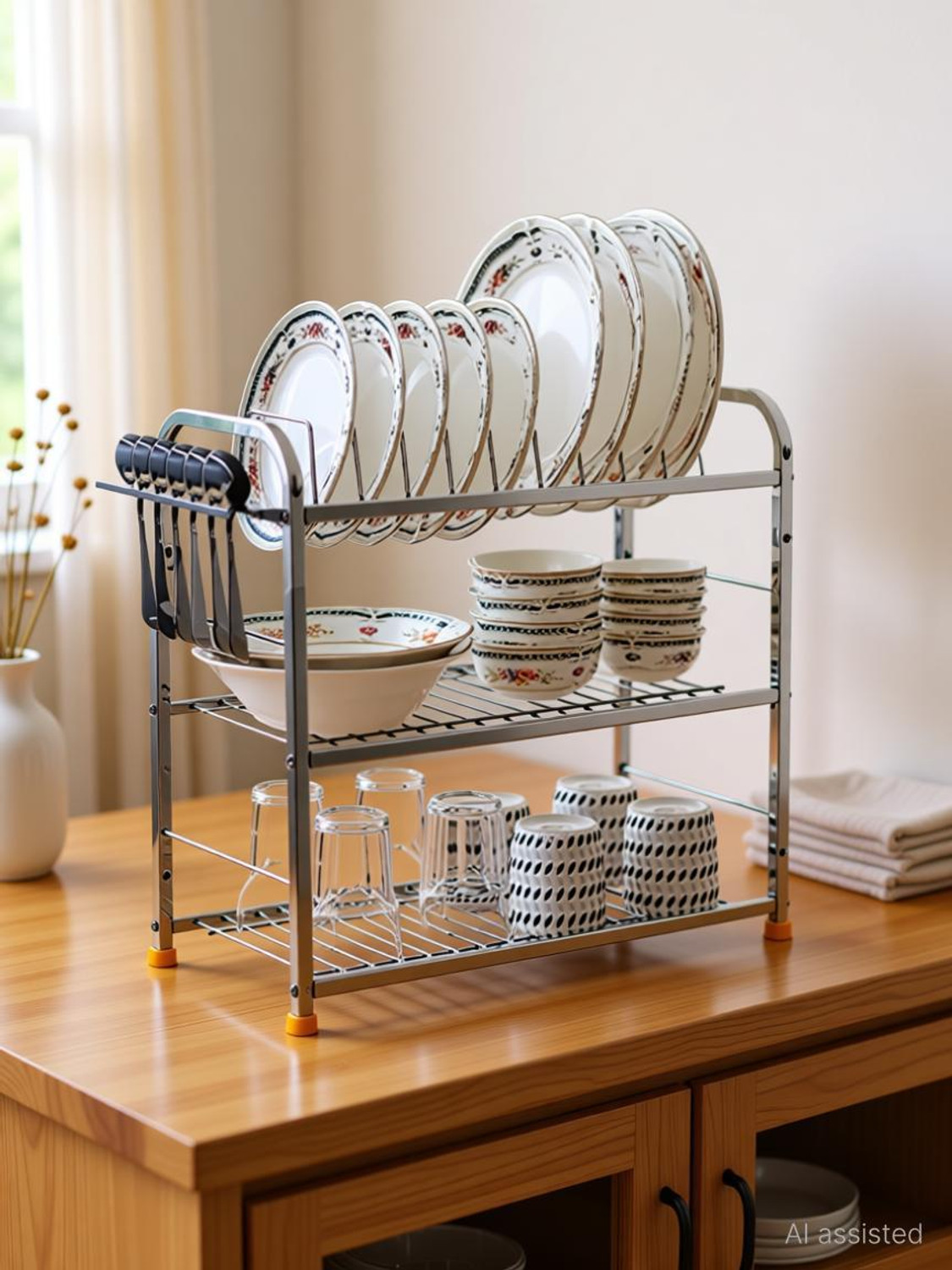 Image of Nexus Lifestyle Utensil Kitchen Rack Steel 3 Shelf 18 x 18 inch Mount Kitchen Utensils Rack /Kitchen Dish Rack /Kitchen Utensils Rack /Modern Kitchen Storage Rack /Kitchen Organizer /Utensils Rack with Plate & Cutlery Stand