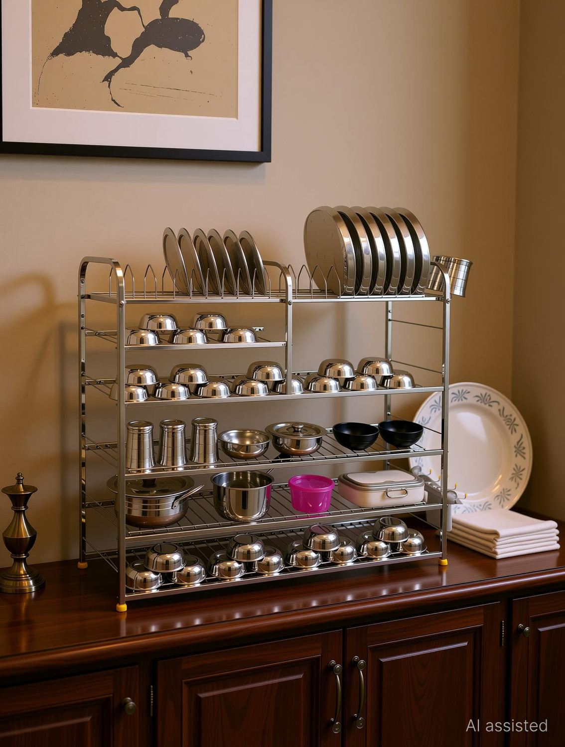 Image of NAVUM ROSHANI Utensil Kitchen Rack Steel Stainless Steel Kitchen Dish Rack | Plate Cutlery Stand | Kitchen Utensils Rack | Modern Kitchen Storage Rack (36 x 36) INCH 2.0,Silver