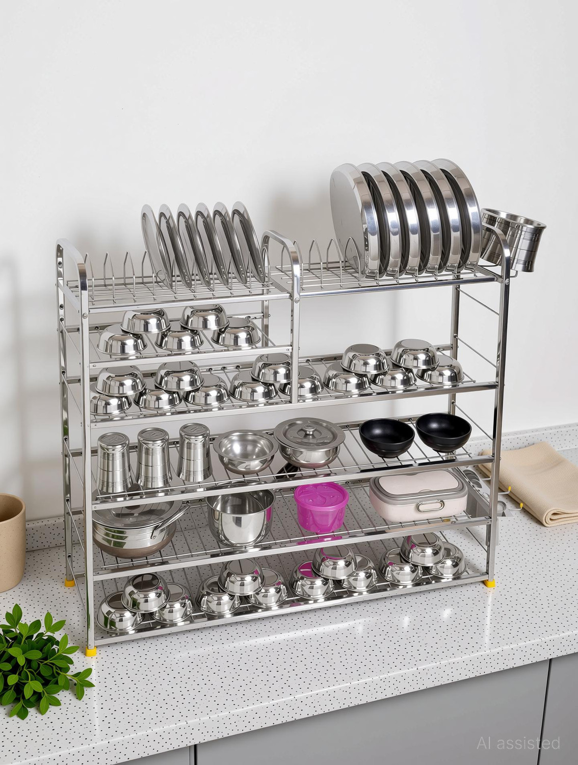 Image of NAVUM ROSHANI Utensil Kitchen Rack Steel Stainless Steel Kitchen Dish Rack | Plate Cutlery Stand | Kitchen Utensils Rack | Modern Kitchen Storage Rack (36 x 36) INCH 2.0,Silver