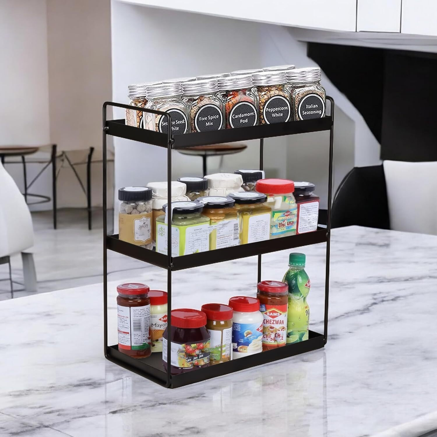 Image of CrystalCraftss Containers Kitchen Rack Iron 3 Tier Metal Storage Rack Multipurpose Kitchen Cosmetic Organizer Black