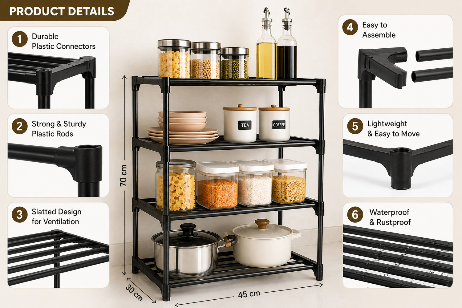 Image of FoldFirst Cutlery Kitchen Rack Plastic MULTIPURPOSE RACK 4 LAYER