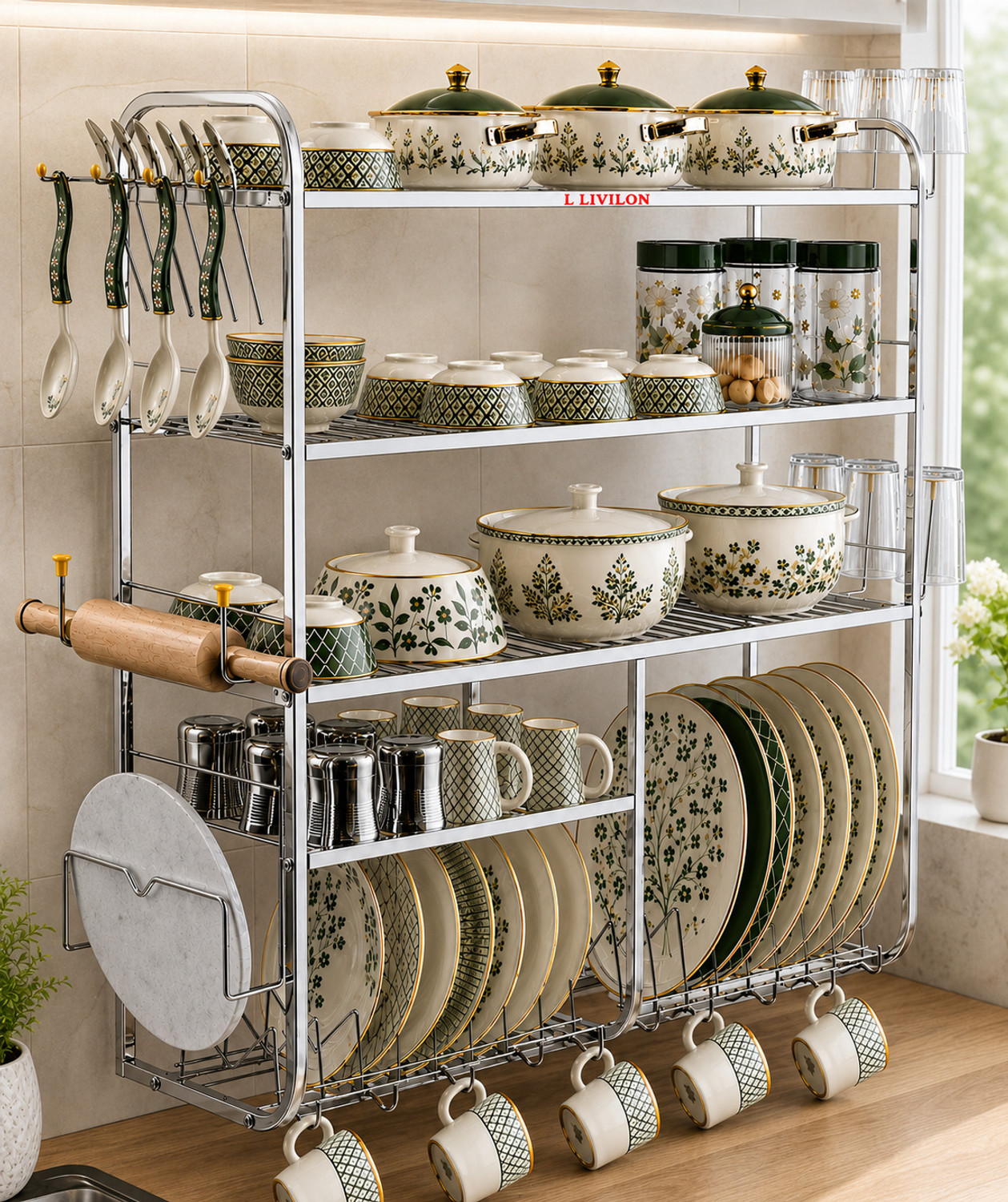Image of L LIVILON Utensil Kitchen Rack Steel Kitchen Rack Steel Wall Mount Kitchen Dish Rack Plate Stand 30x30 inch