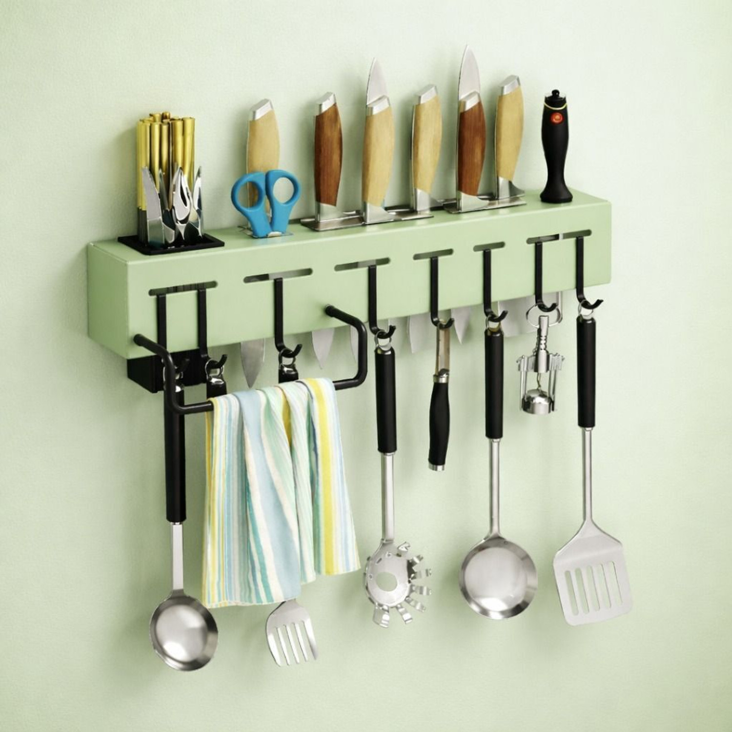 Image of Yaadgar Cutlery Kitchen Rack Plastic Smart Wall Mounted Plastic Kitchen Rack with Knife Holder and Hooks [GREEN]
