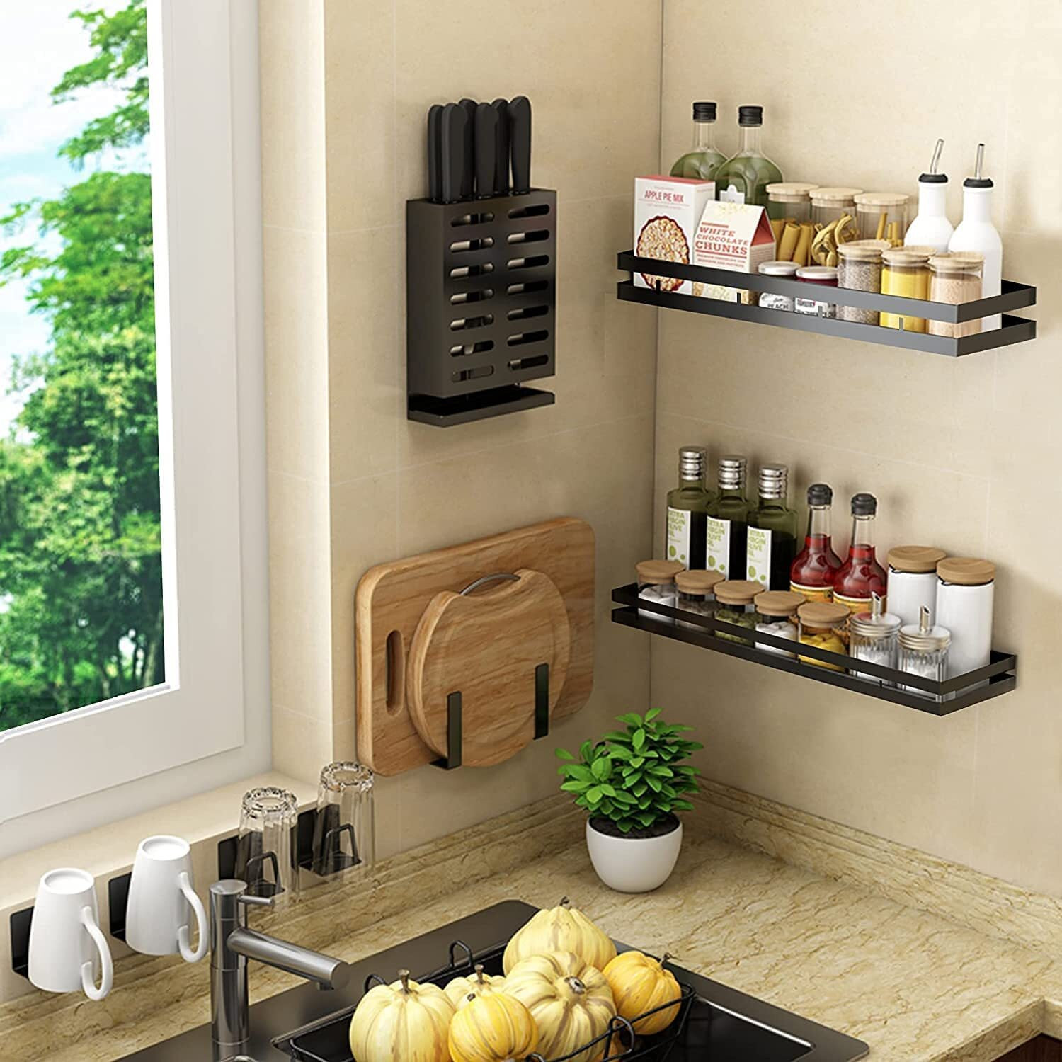 Image of DXDT Containers Kitchen Rack Carbon Steel Steel wall mounted kitchen rack(set of 4)kitchen accessories kitchen organizers