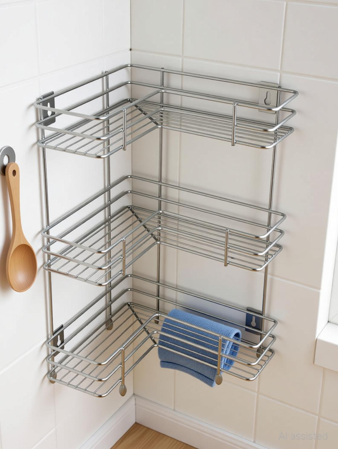 Image of Shopmart Utensil Kitchen Rack Steel Stainless Steel 3 Layer L-Shape Corner Stand for kitchen Rack Utensil Kitchen Rack