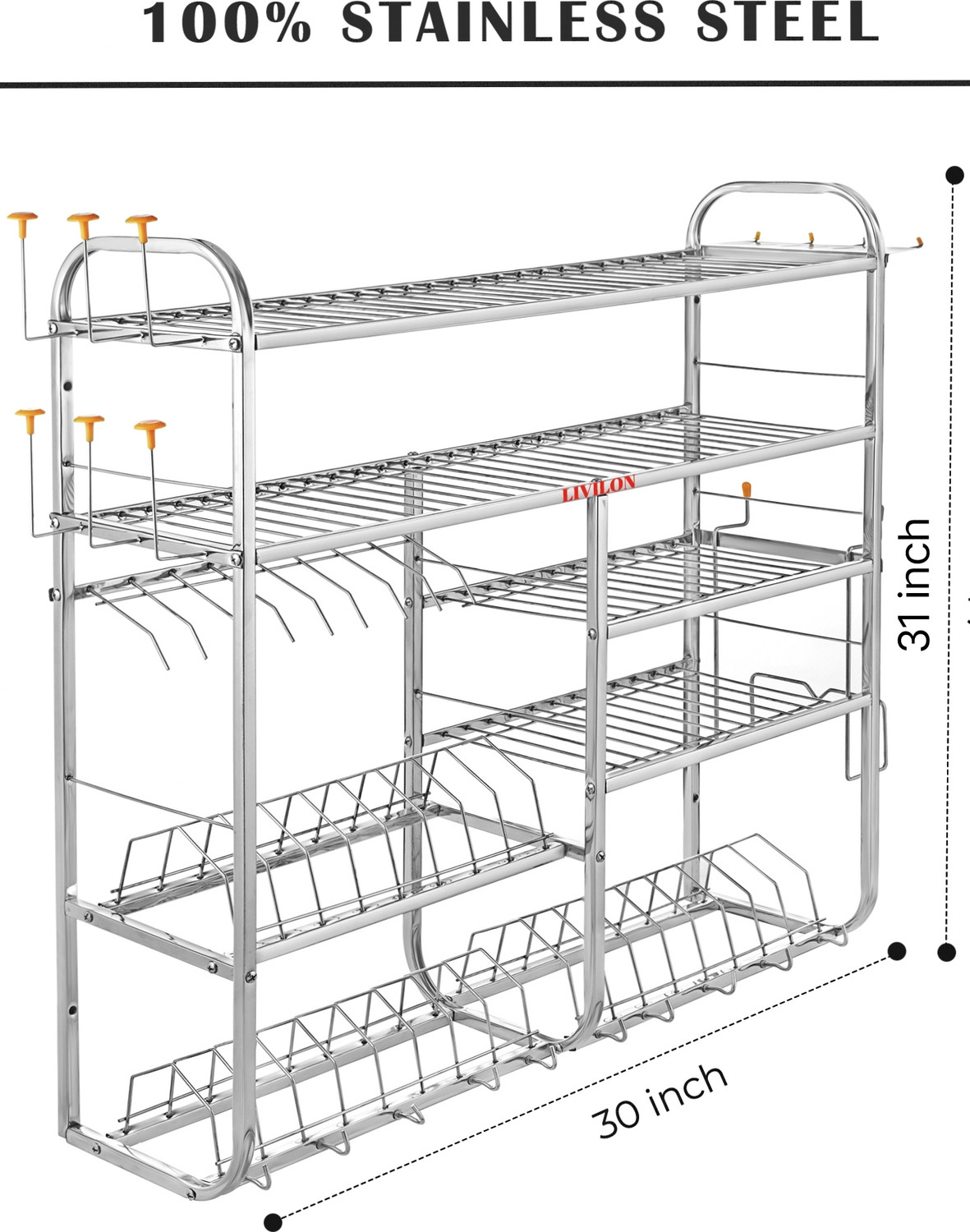 Image of L LIVILON Utensil Kitchen Rack Steel 5 Layer Wall Mount Kitchen Dish Rack Plate & Cutlery Stand / 31X30 inch