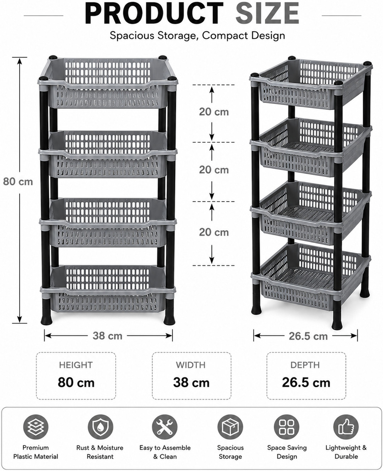 Image of DM PLUS Fruits /Vegetables Kitchen Rack Plastic 4 Tier Multipurpose Plastic Storage Rack | GREY
