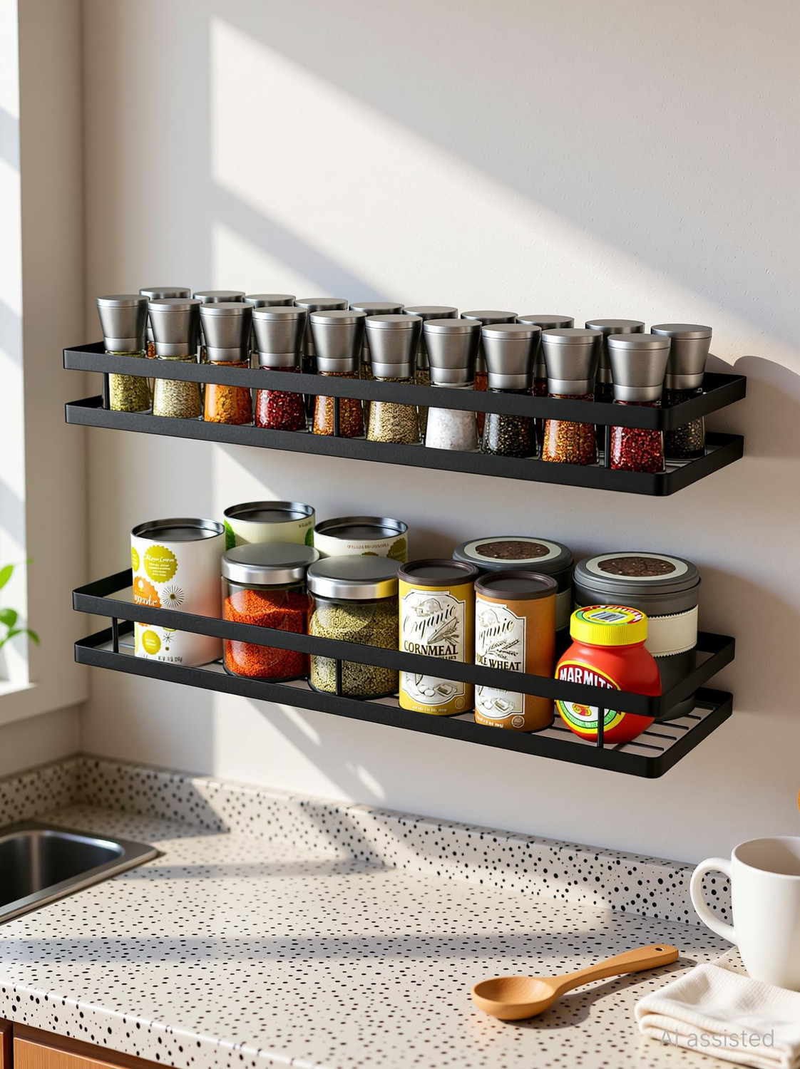 Image of Quicky - Go Quickly Containers Kitchen Rack Iron Wall Mounted Spice Rack Organizer | Heavy-Duty Metal Shelf for Kitchen