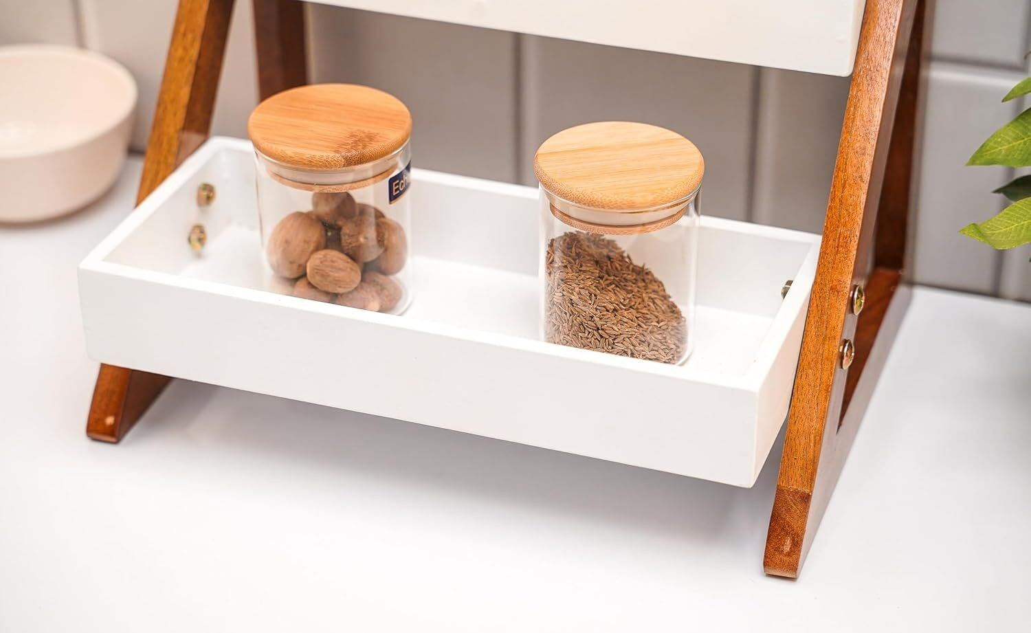 Image of Furniture Cafe Containers Kitchen Rack Wood Triangluar Countertop Spice Rack For Jars And Bottle Holder & Kithen Decor Item