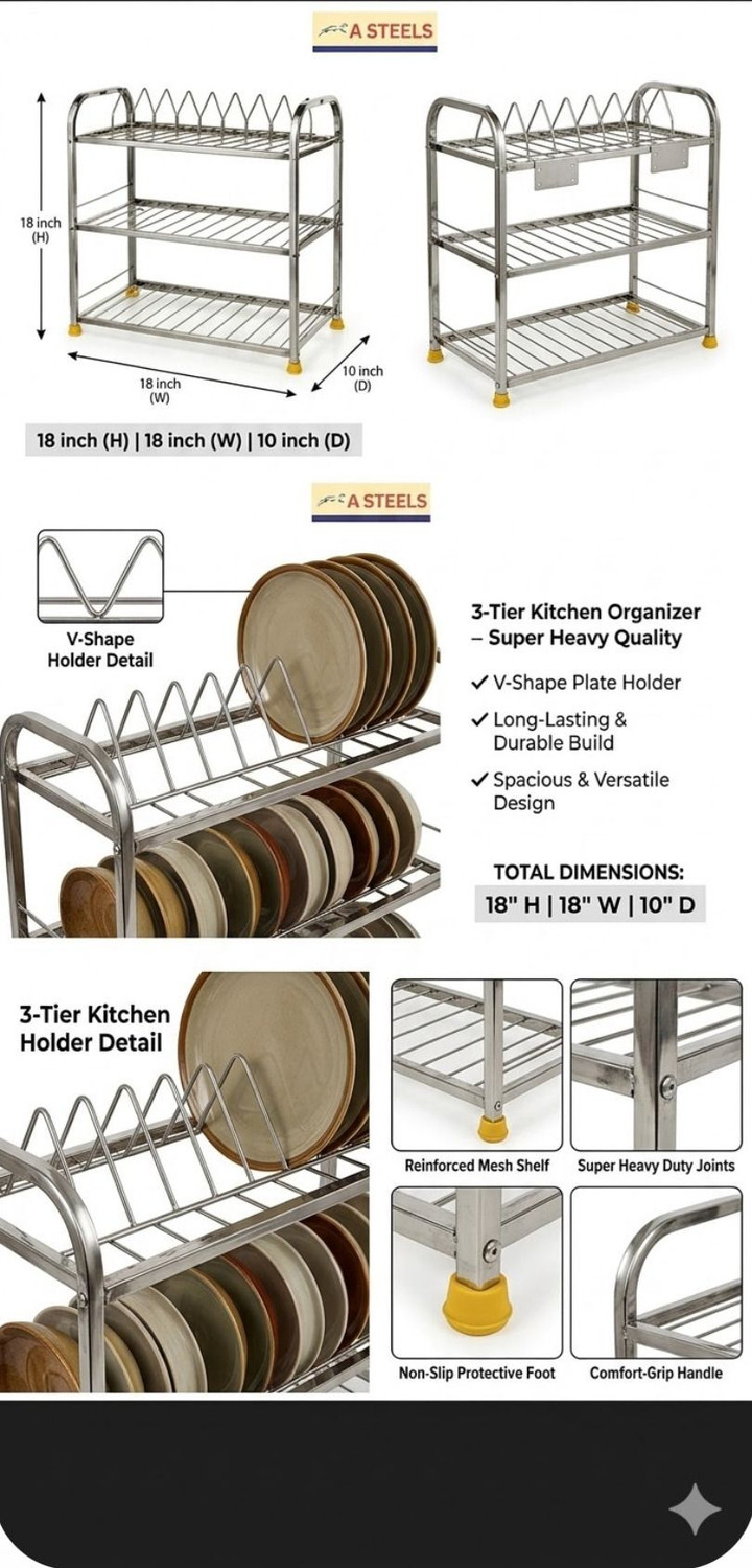 Image of ASTEEL Utensil Kitchen Rack Steel 18*18 inch utensil Bartan rack
