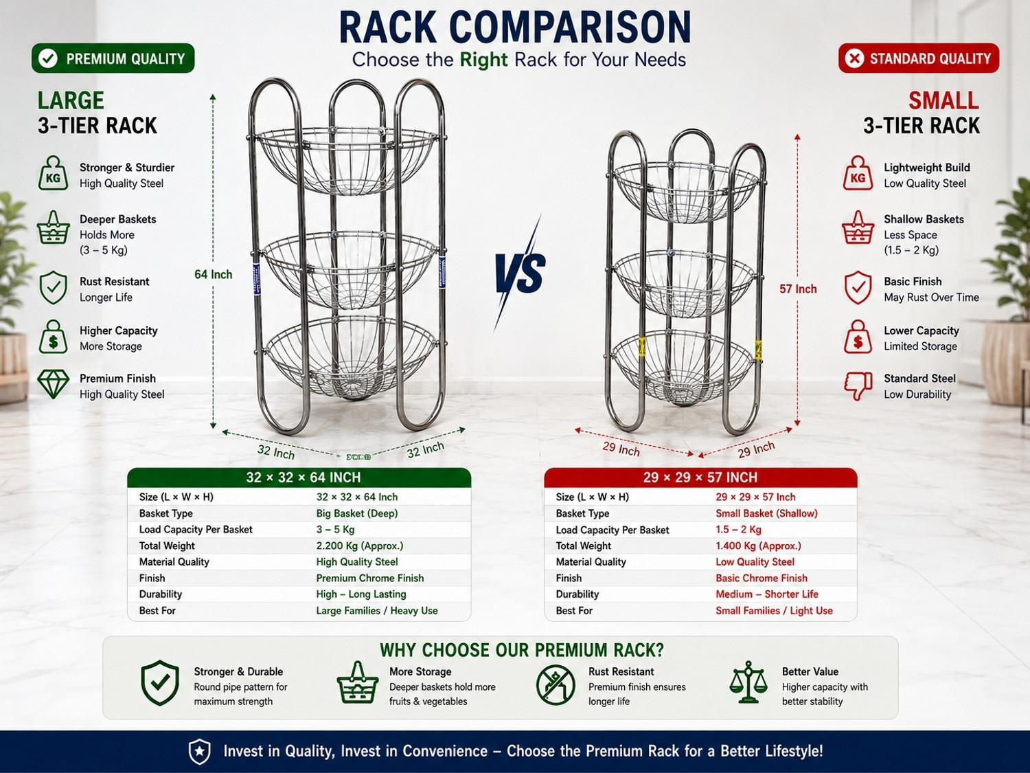 Image of KitchenAura Fruits /Vegetables Kitchen Rack Stainless Steel 3 Tier Fruit & Vegetable Basket Stand Steel