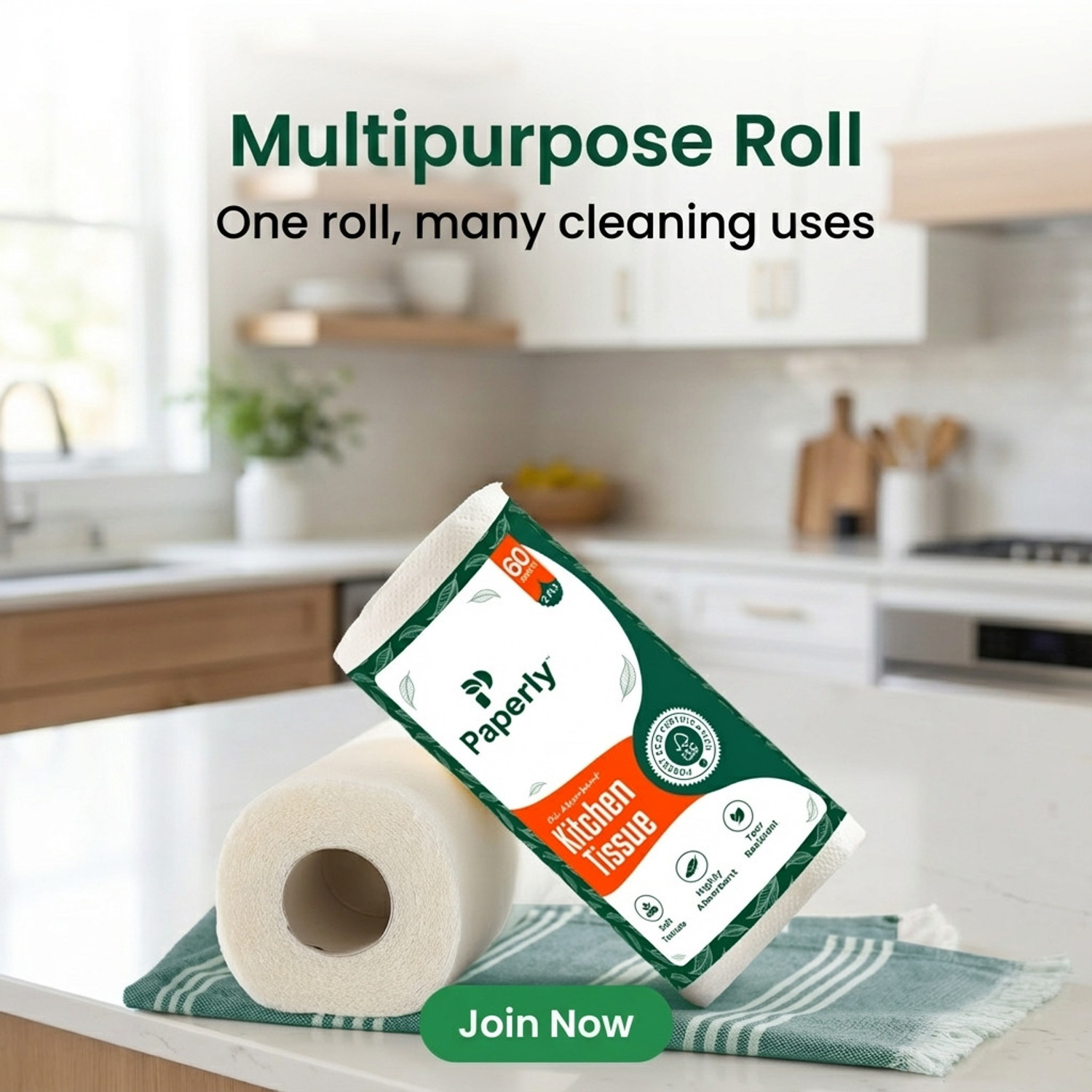 Image of Paperly 2 Ply Kitchen Tissue Paper Roll Water & Oil Absorbency Pack-3, 60 Pull Per Pack