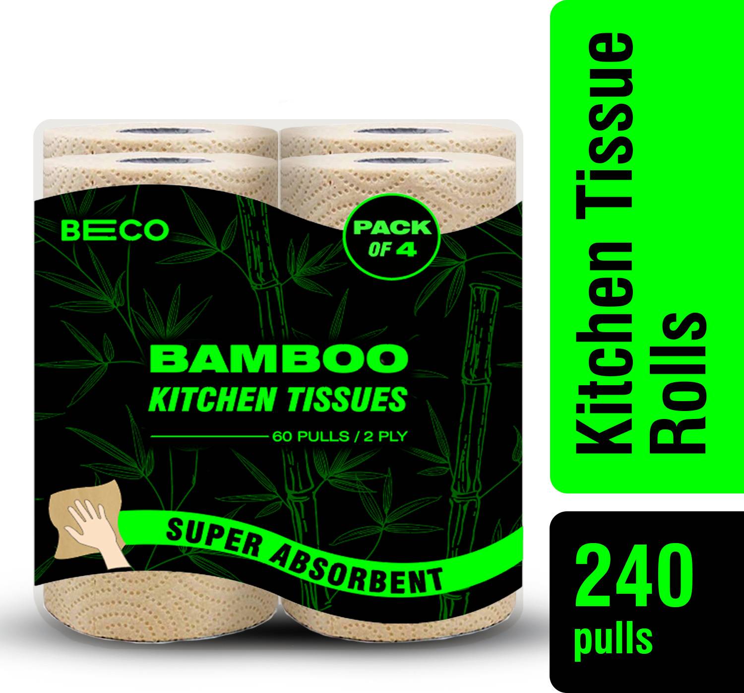 Beco Bamboo Kitchen Towel, Ecofriendly Kitchen Tissue Rolls,60 Pulls Each (pack of 4)