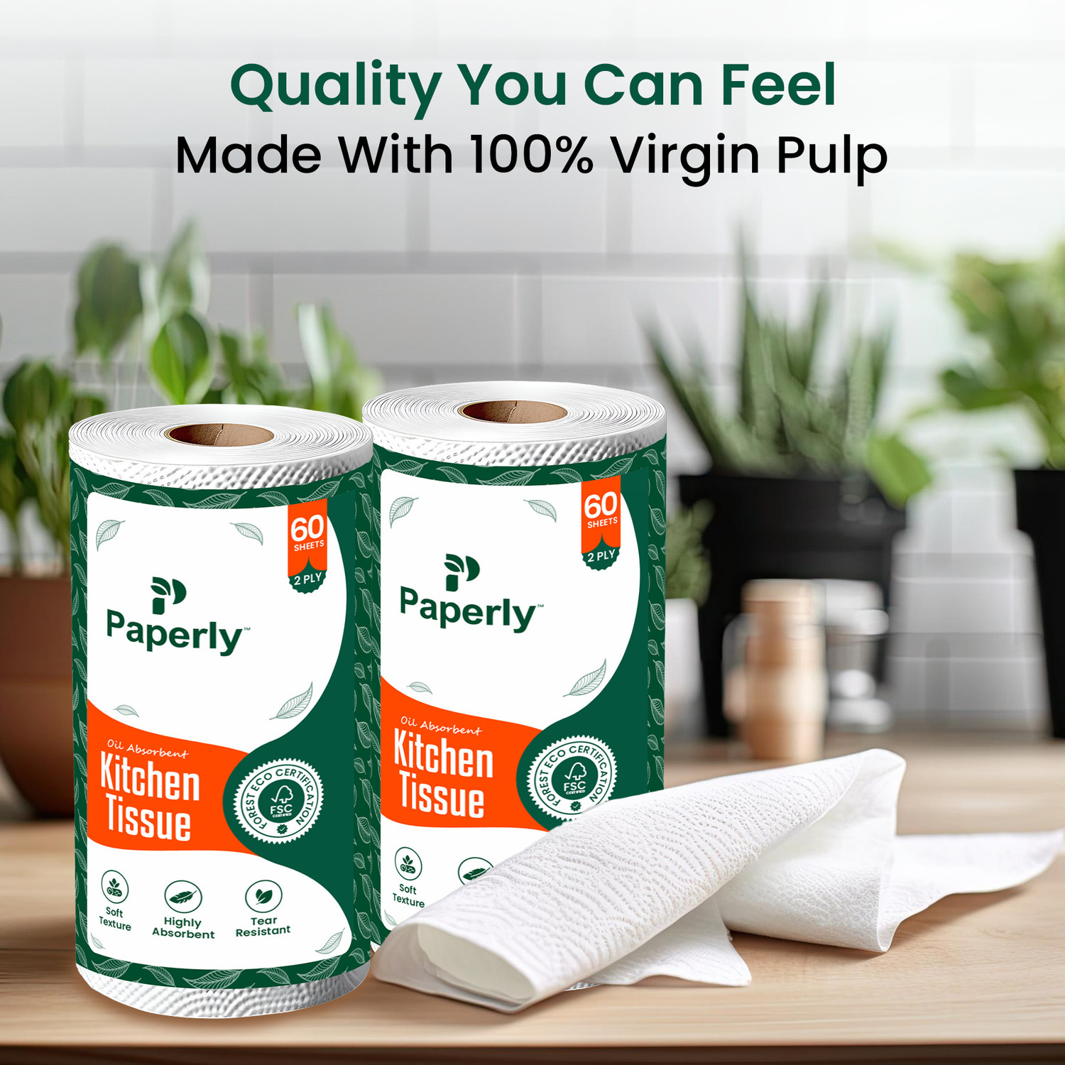 Image of Paperly 2 Ply Kitchen Tissue Paper Roll Water & Oil Absorbency Pack-3, 60 Pull Per Pack