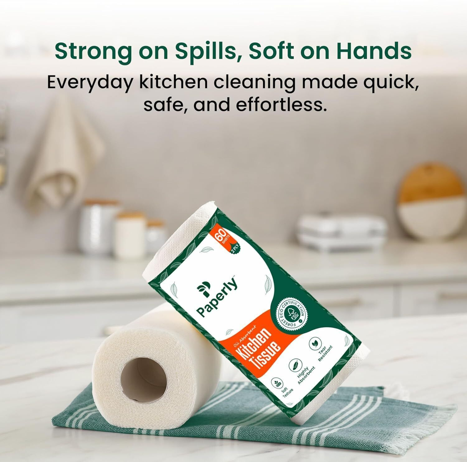 Image of Paperly 2 Ply Kitchen Tissue Paper Roll Water & Oil Absorbency Pack-6, 60 Pull Per Pack