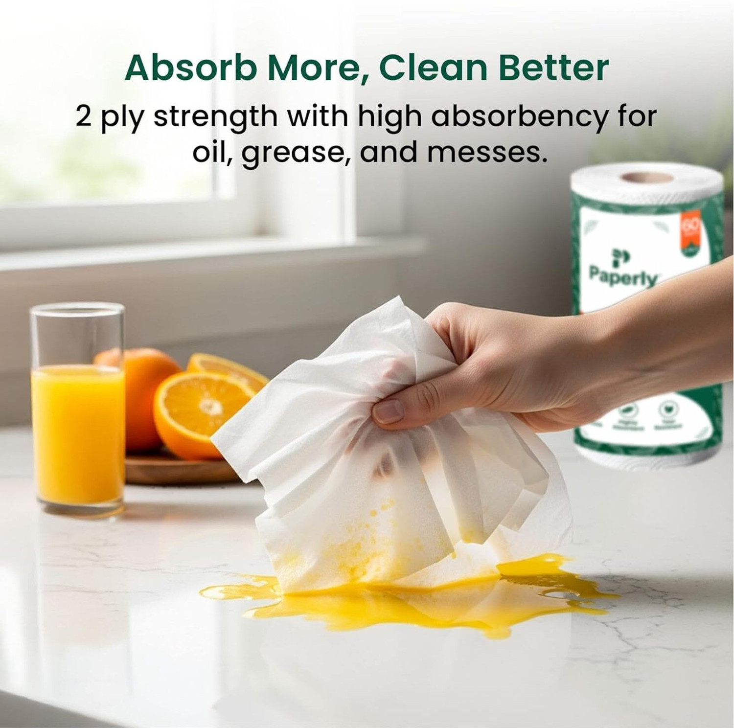 Image of Paperly 2 Ply Kitchen Tissue Paper Roll Water & Oil Absorbency Pack-6, 60 Pull Per Pack