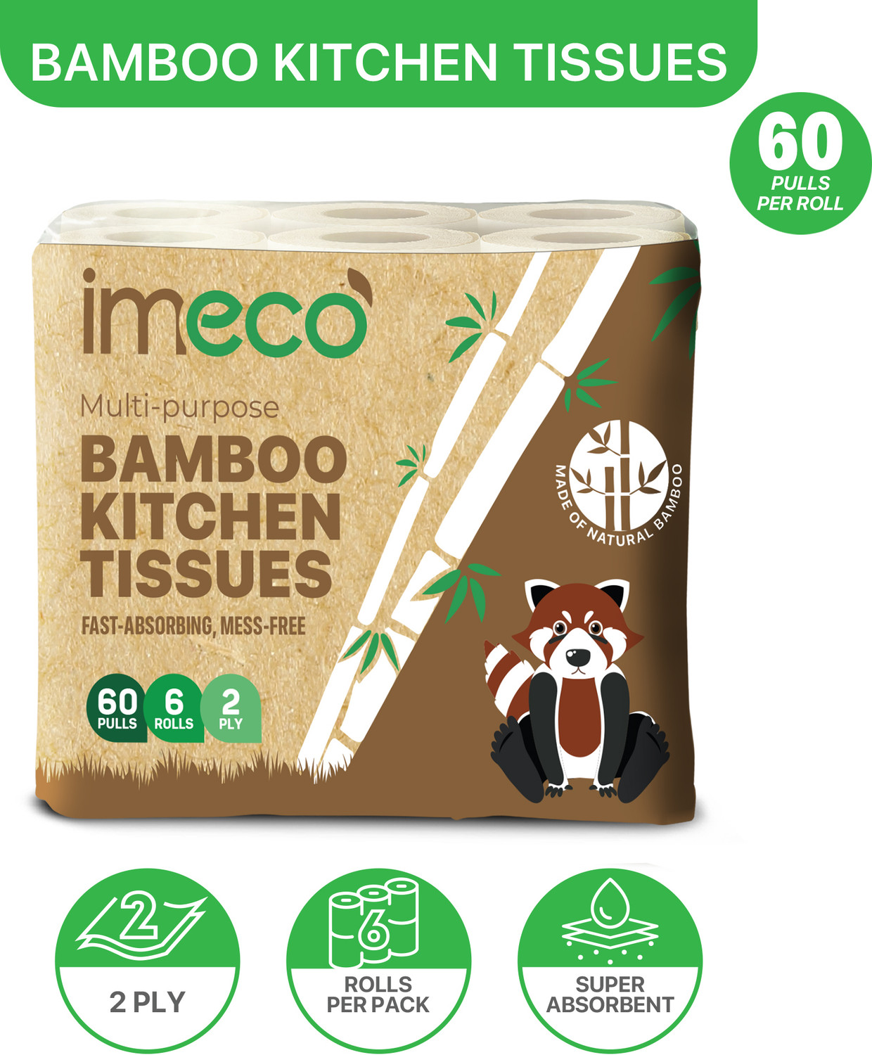 Image of IMECO Bamboo Kitchen Tissue Rolls | Extra Strong & Soft | Oil & Water Absorbent