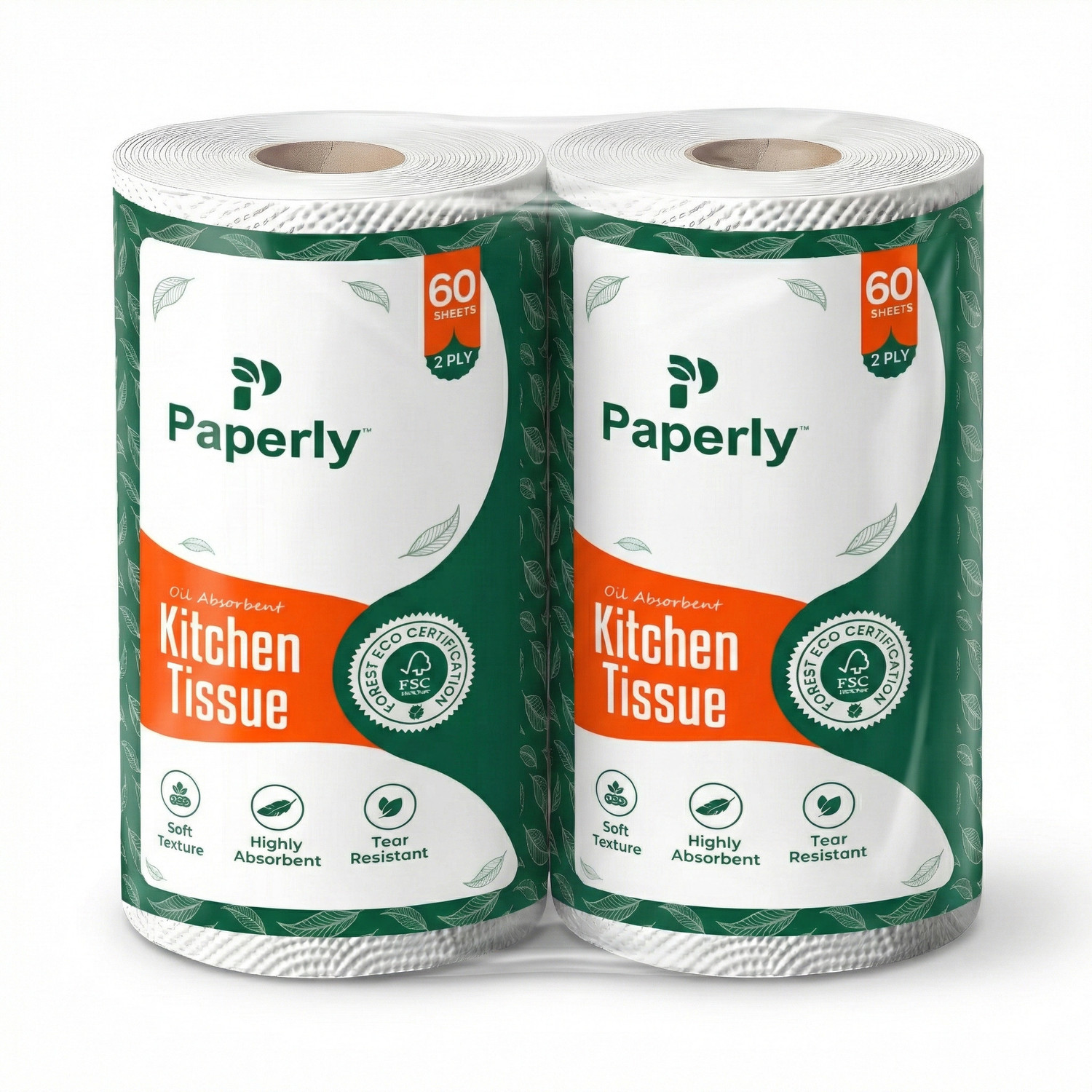 Image of Paperly 2 Ply Kitchen Tissue Paper Roll Water & Oil Absorbency Pack-2, 60 Pull