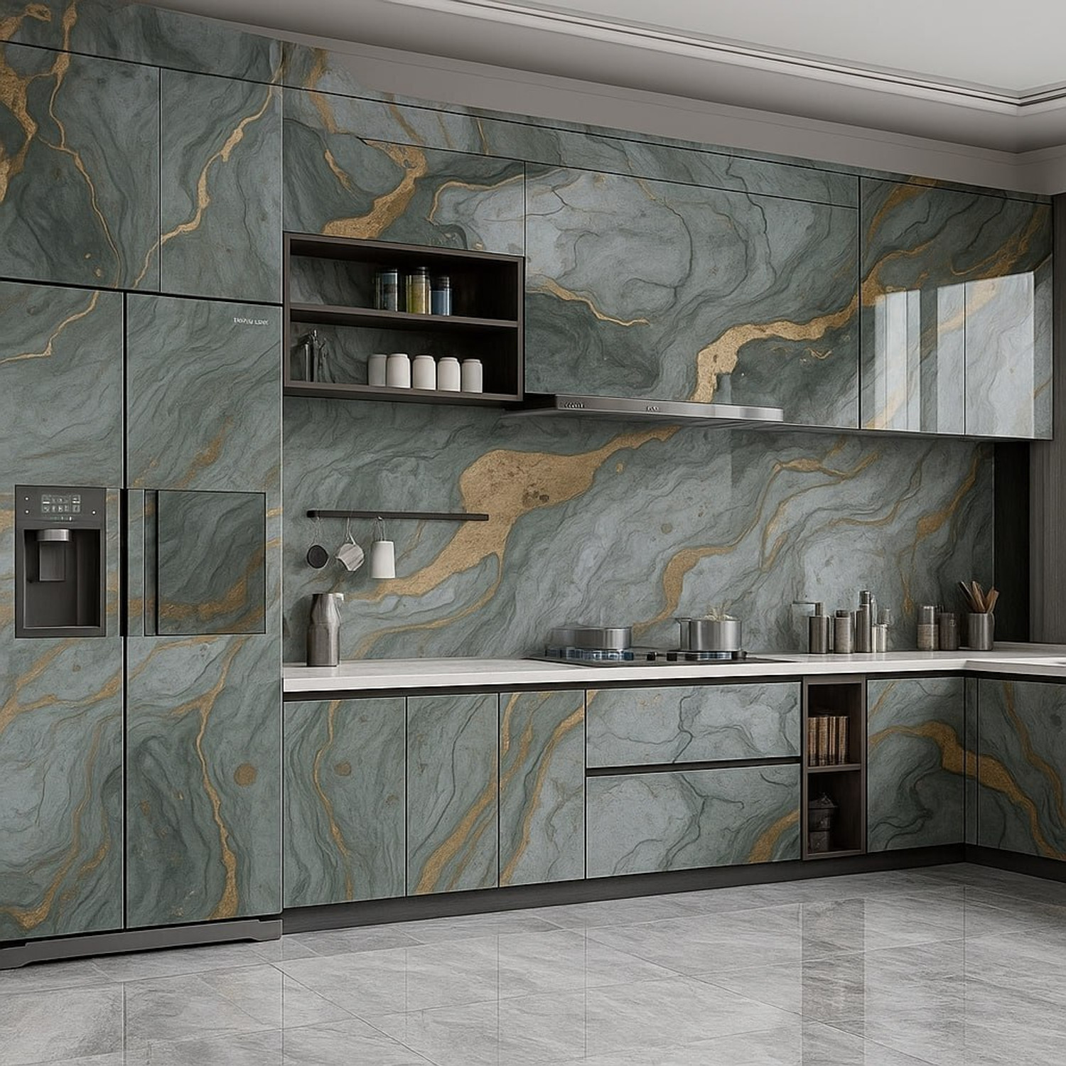 Image of SIRTERIQ 400 cm Aluminum Shining Marble Foil Waterproof 2 Roll For Kitchen Self Adhesive Sticker