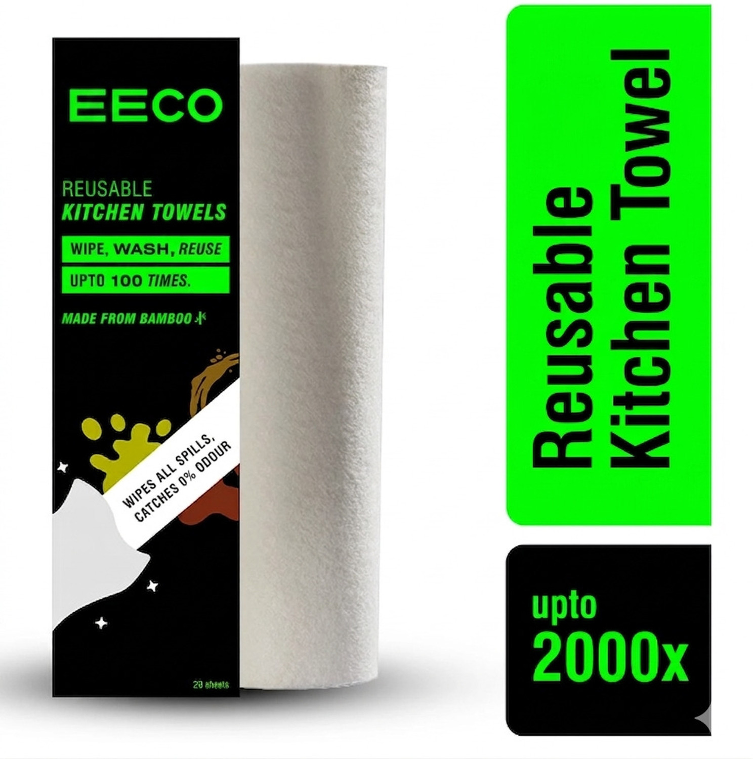 Image of eeco Reusable Kitchen Towel, (20 sheets x 100 times, 2000 wipes), Made from Bamboo