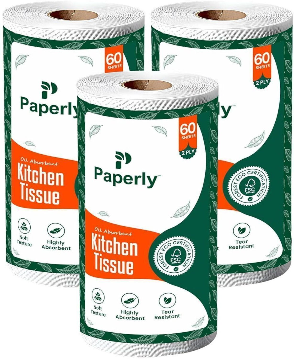 Image of Paperly 2 Ply Kitchen Tissue Paper Roll Water & Oil Absorbency Pack-3, 60 Pull Per Pack