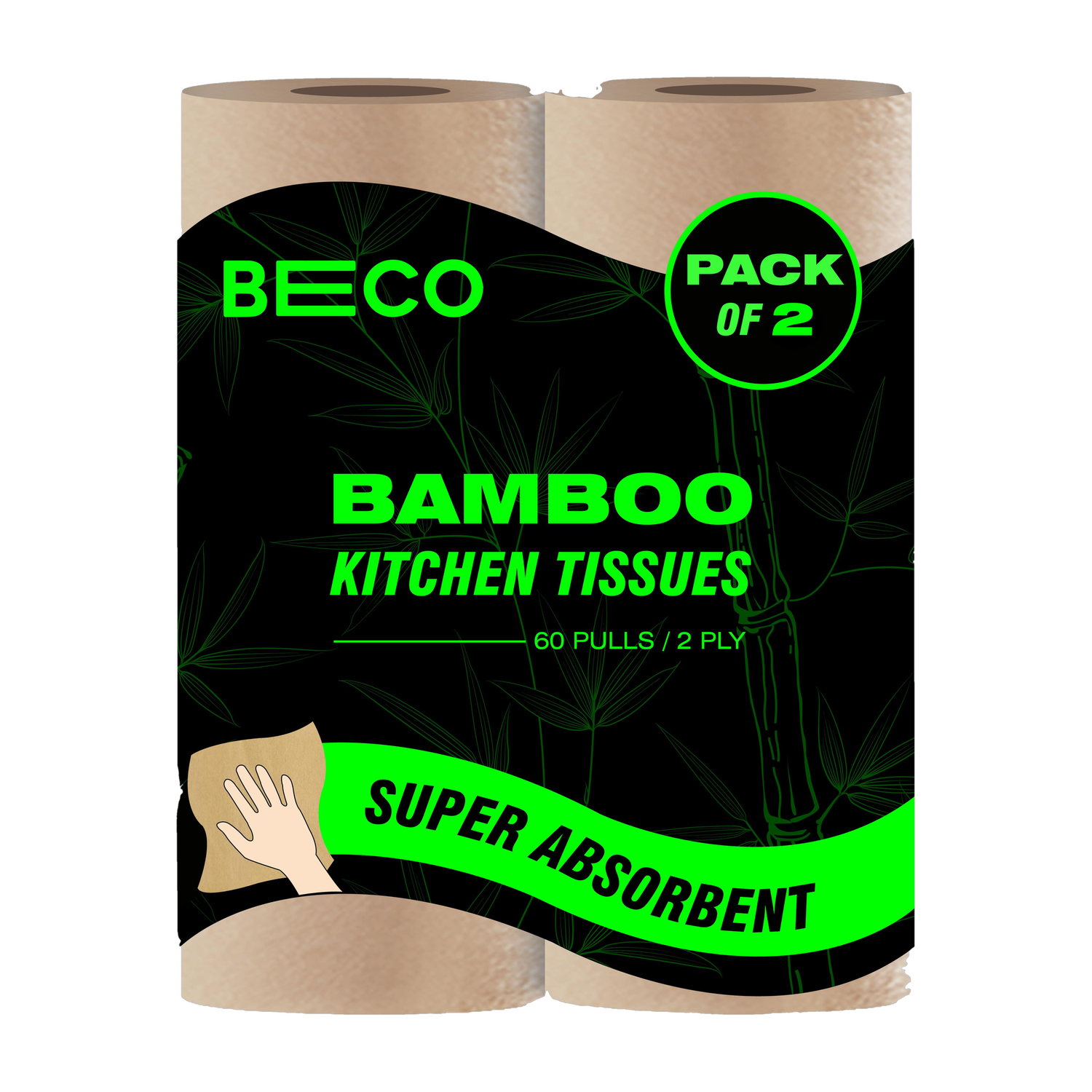 Beco Bamboo Kitchen Towel, Ecofriendly Kitchen Tissue Rolls,60 Pulls Each (pack of 2)