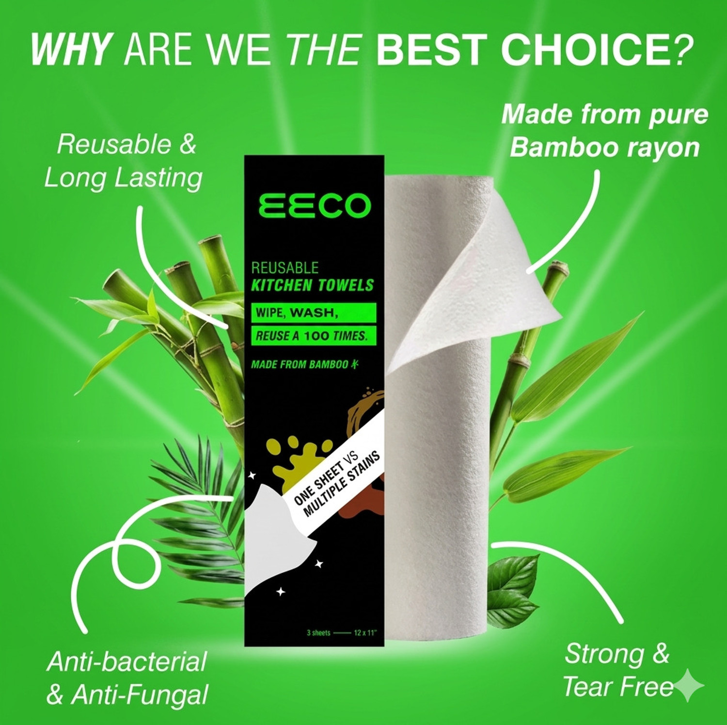 Image of eeco Reusable Kitchen Towel, (20 sheets x 100 times, 2000 wipes), Made from Bamboo