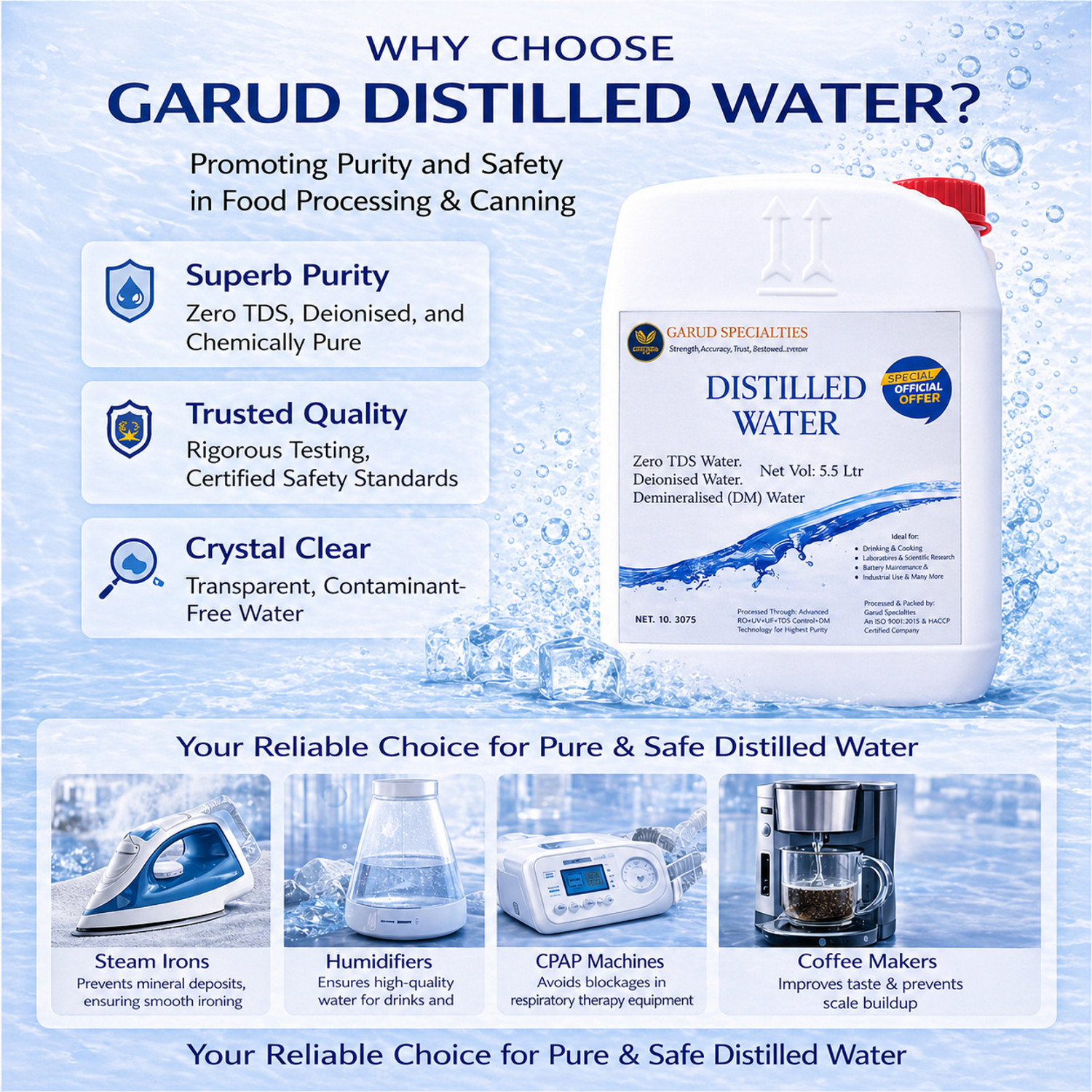 Image of Garud Specialities Garud Distilled Water 5.5 Litre | Zero TDS Water for Battery, Inverter & Lab Use Kitchen Cleaner