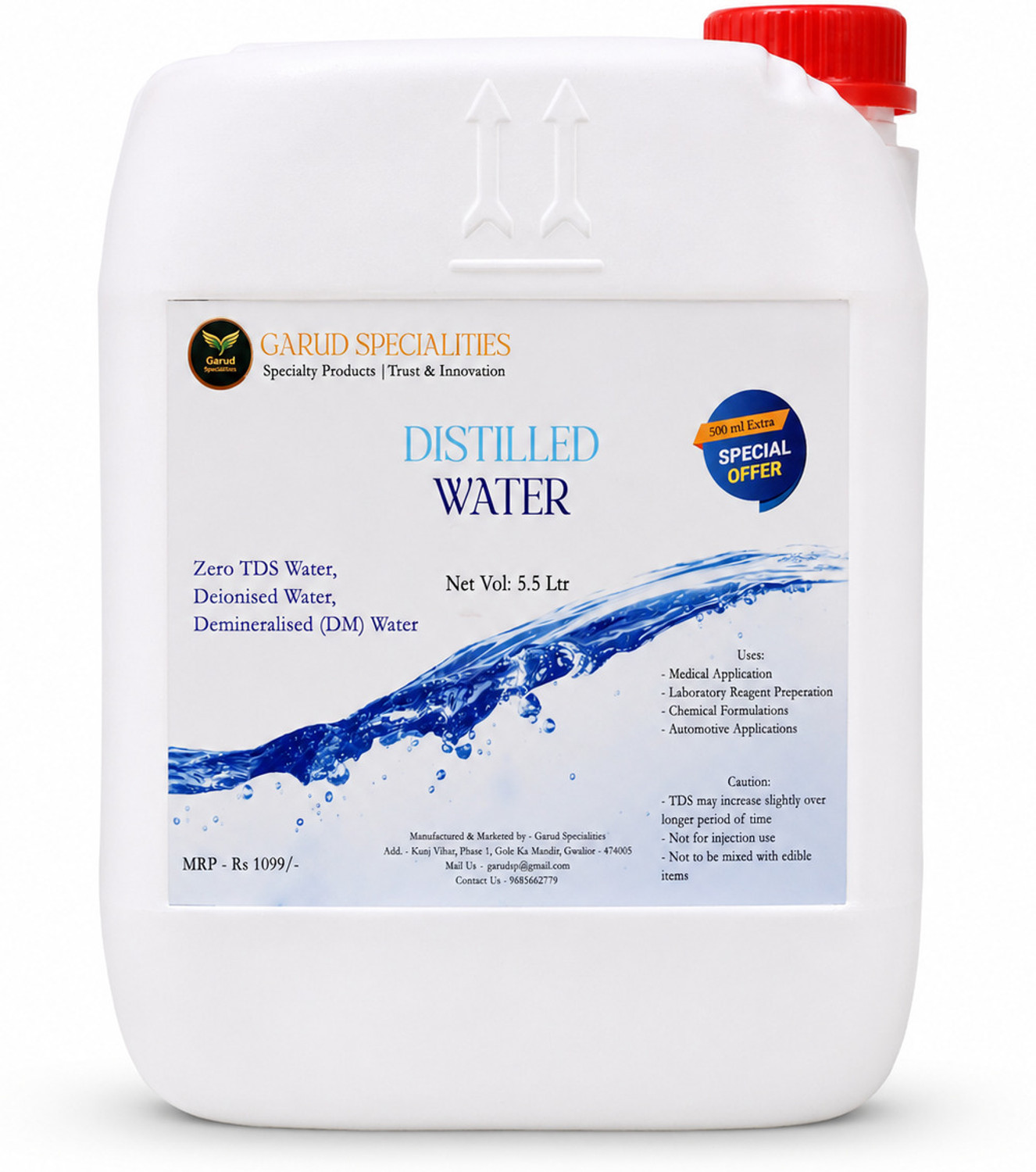 Image of Garud Specialities Garud Distilled Water 5.5 Litre | Zero TDS Water for Battery, Inverter & Lab Use Kitchen Cleaner