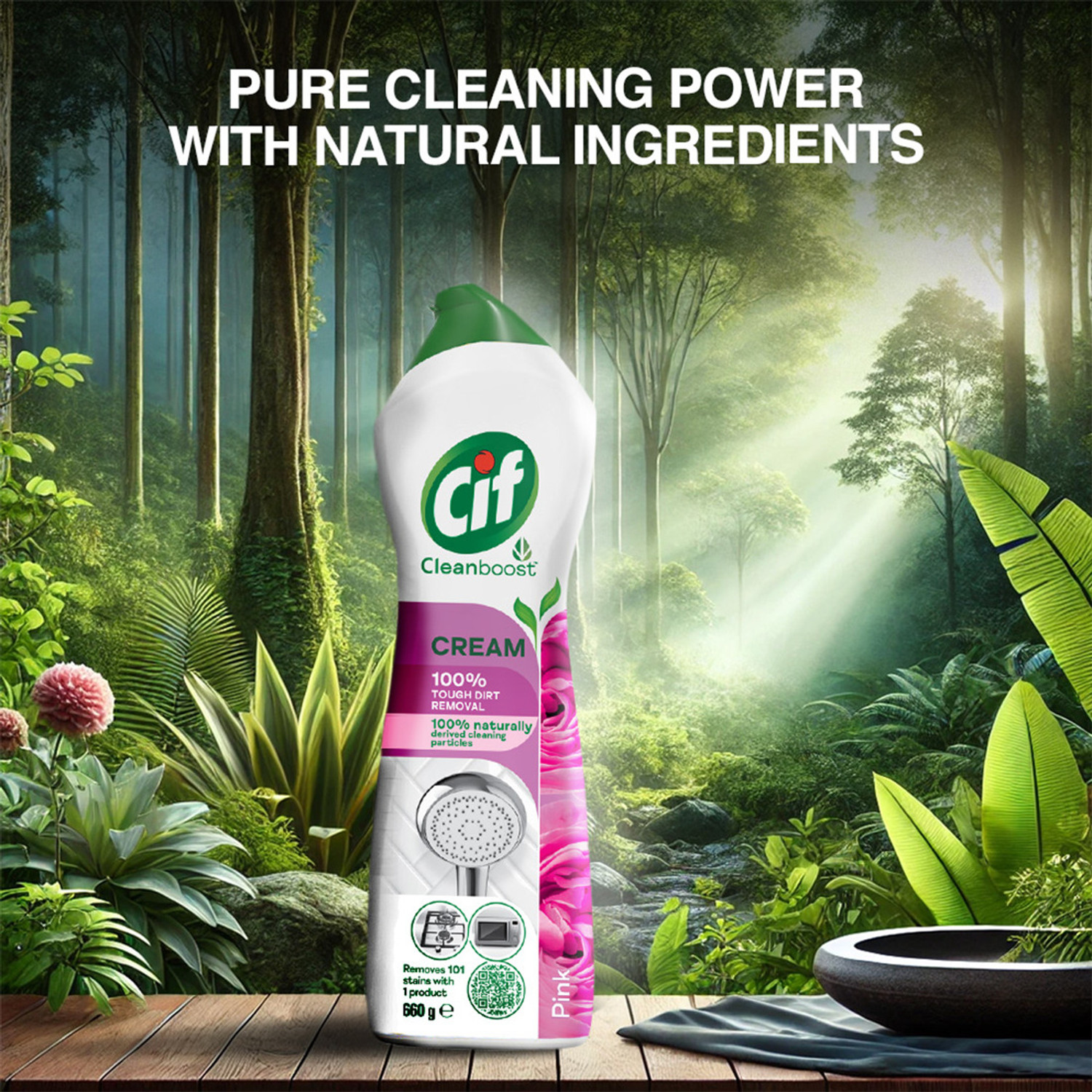 Image of Cif Pink Cleanboost Cream, For Tough Dirt Removal, Multi-Surface Cream Cleanser Kitchen Cleaner