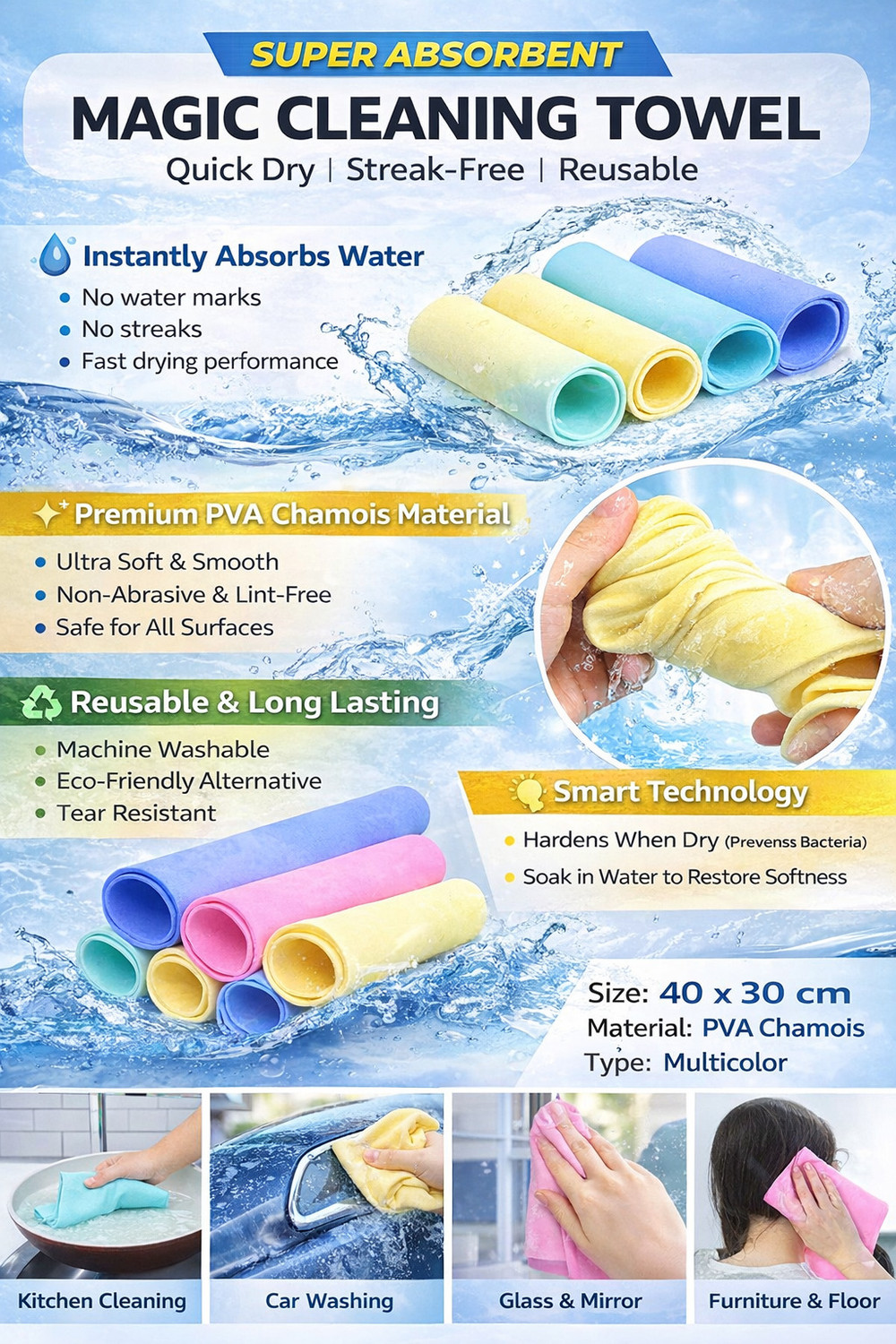 Image of D Shroniras Livora PVA Magic Towel, Super Absorbent Reusable Cloth for Car, Home & Kitchen Wet and Dry PVA Fibers Cleaning Cloth (3 Units)