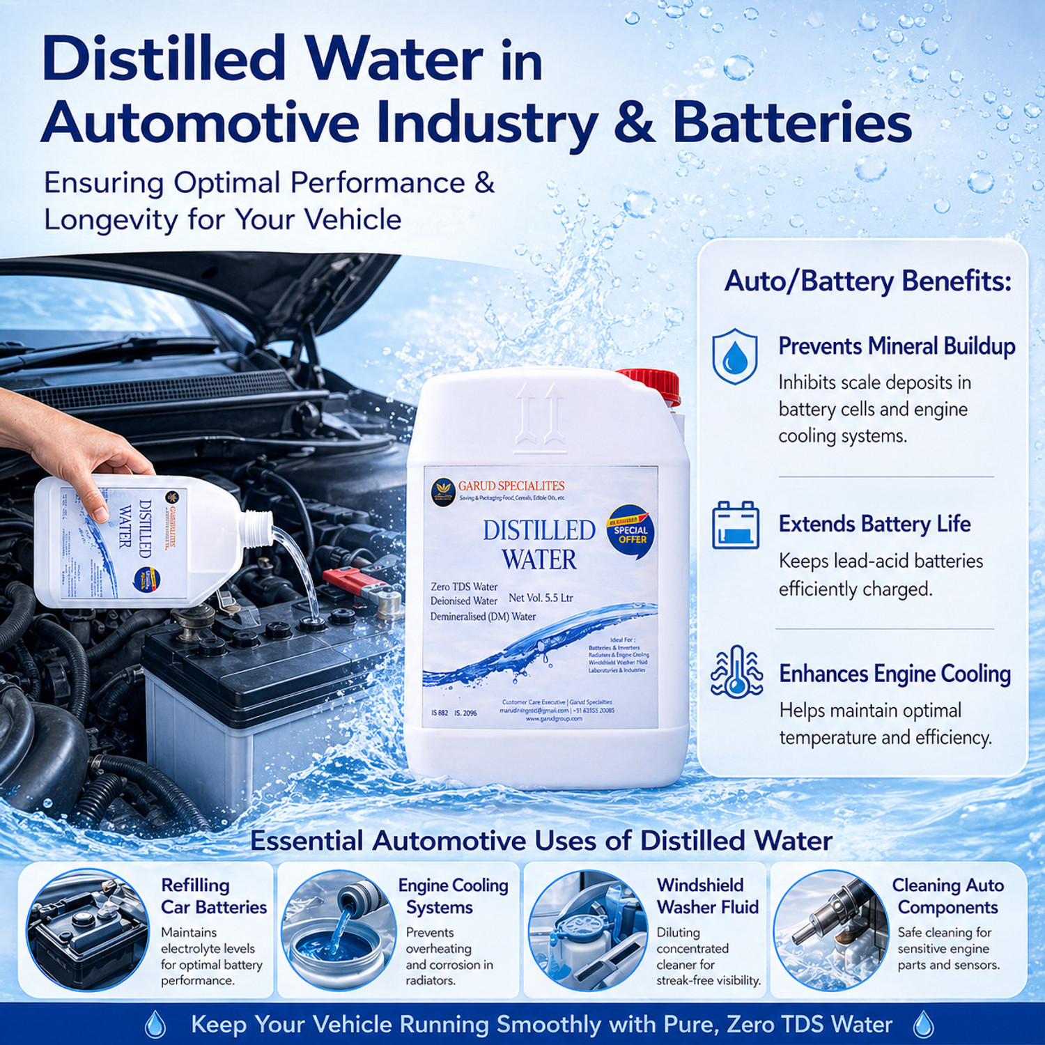 Image of Garud Specialities Garud Distilled Water 5.5 Litre | Zero TDS Water for Battery, Inverter & Lab Use Kitchen Cleaner