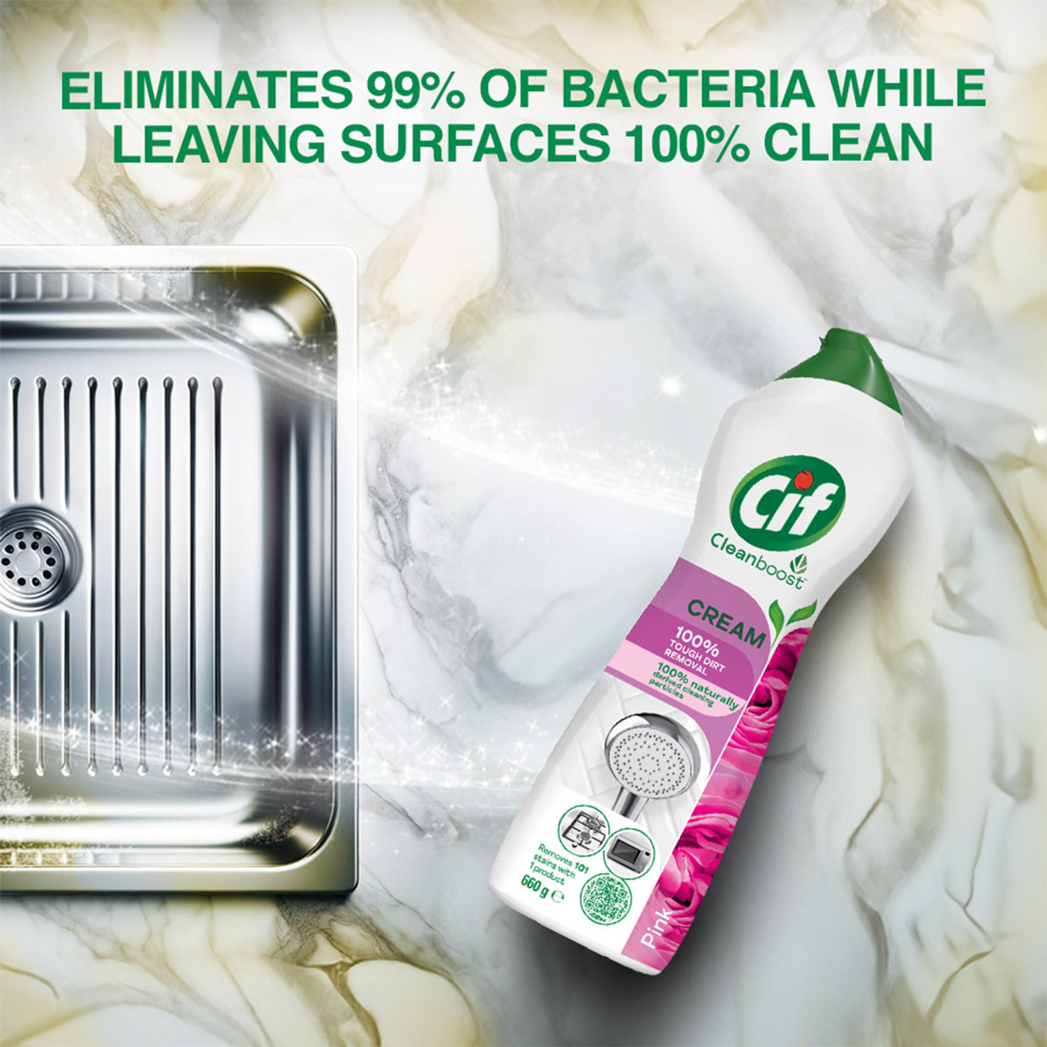 Image of Cif Pink Cleanboost Cream, For Tough Dirt Removal, Multi-Surface Cream Cleanser Kitchen Cleaner