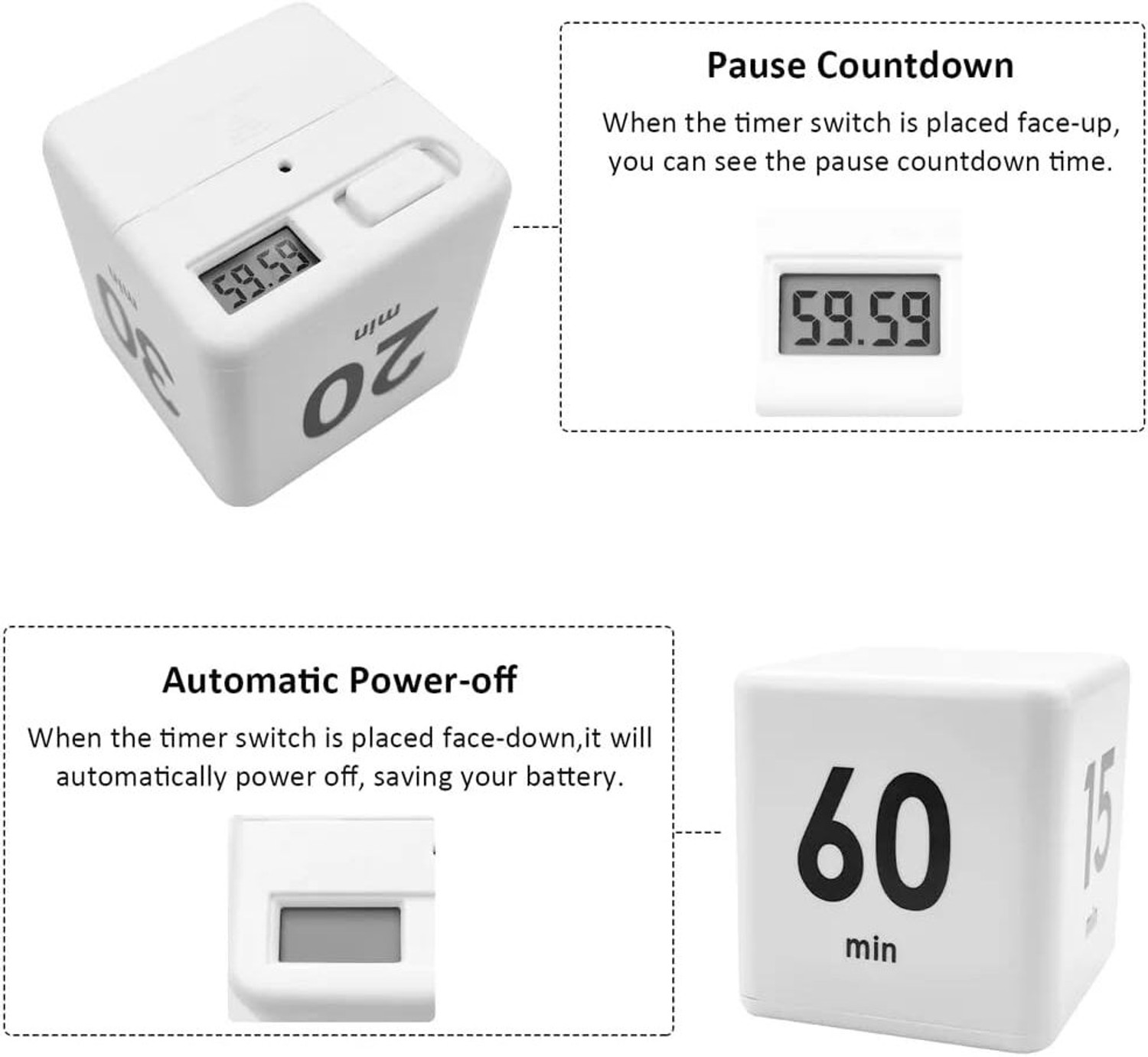 Image of HomeHunt Cube Timer For Kitchen,Gravity Sensor Flip Timer,Square Kids Timer15-20-30-60Min Digital Kitchen Timer