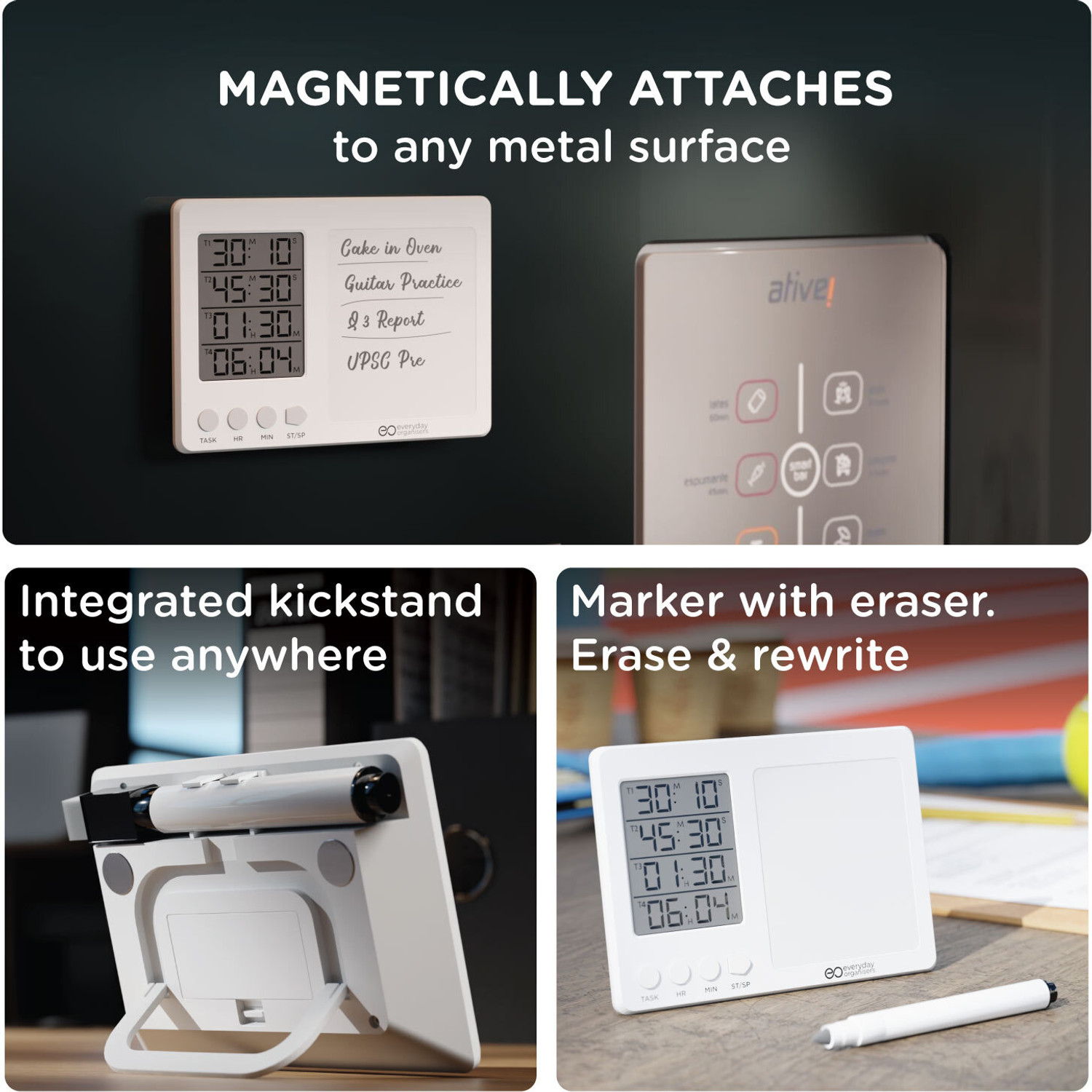 Image of everyday organisers Multi-Timer Clock with Stopwatch & Small Magnetic White Board with Marker EO-020 Digital Kitchen Timer