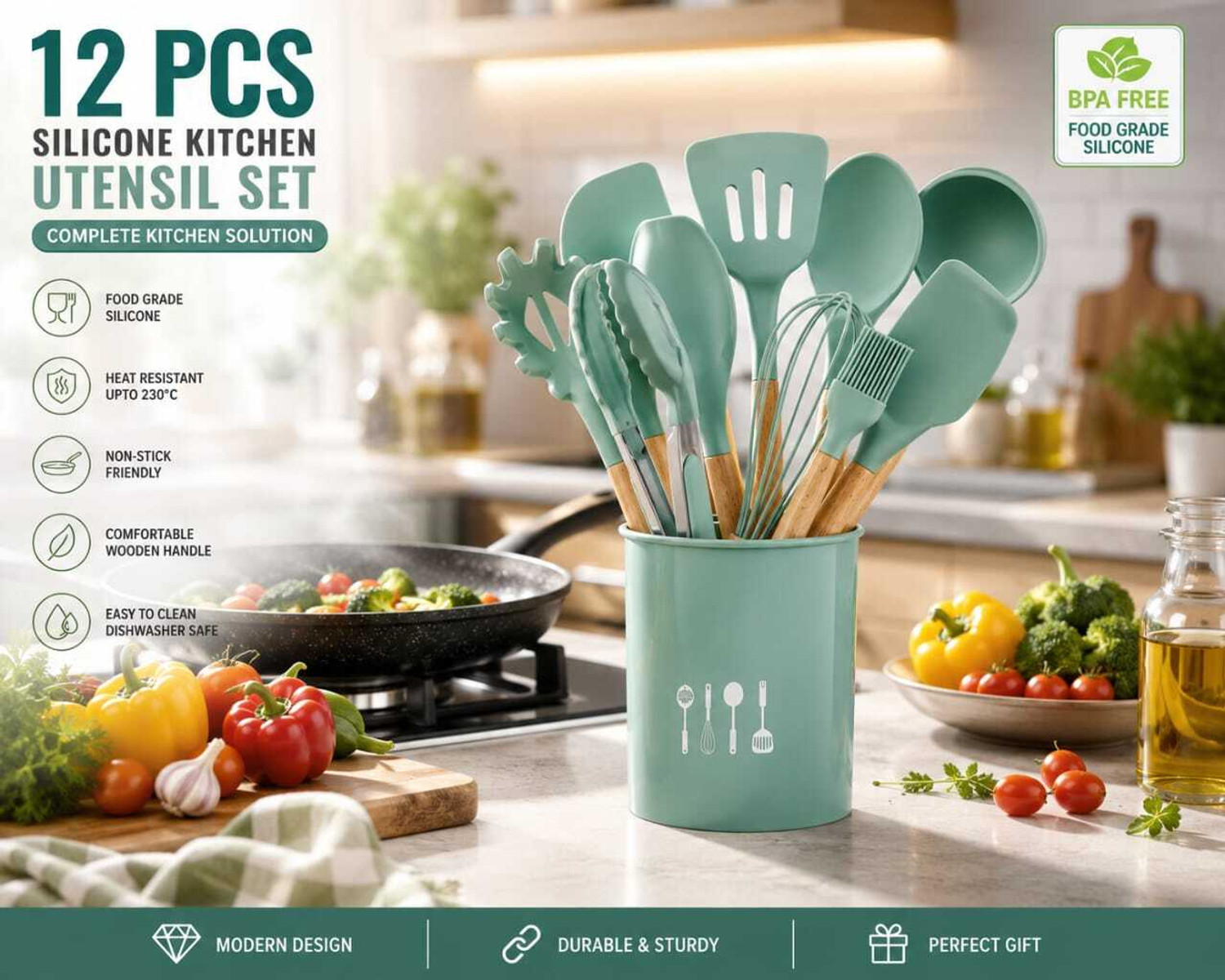 Image of HITHIKA IMPEX 12 Pieces Silicone Kitchen Utensil Spatula Set with Wooden Handles Kitchen Tool Set